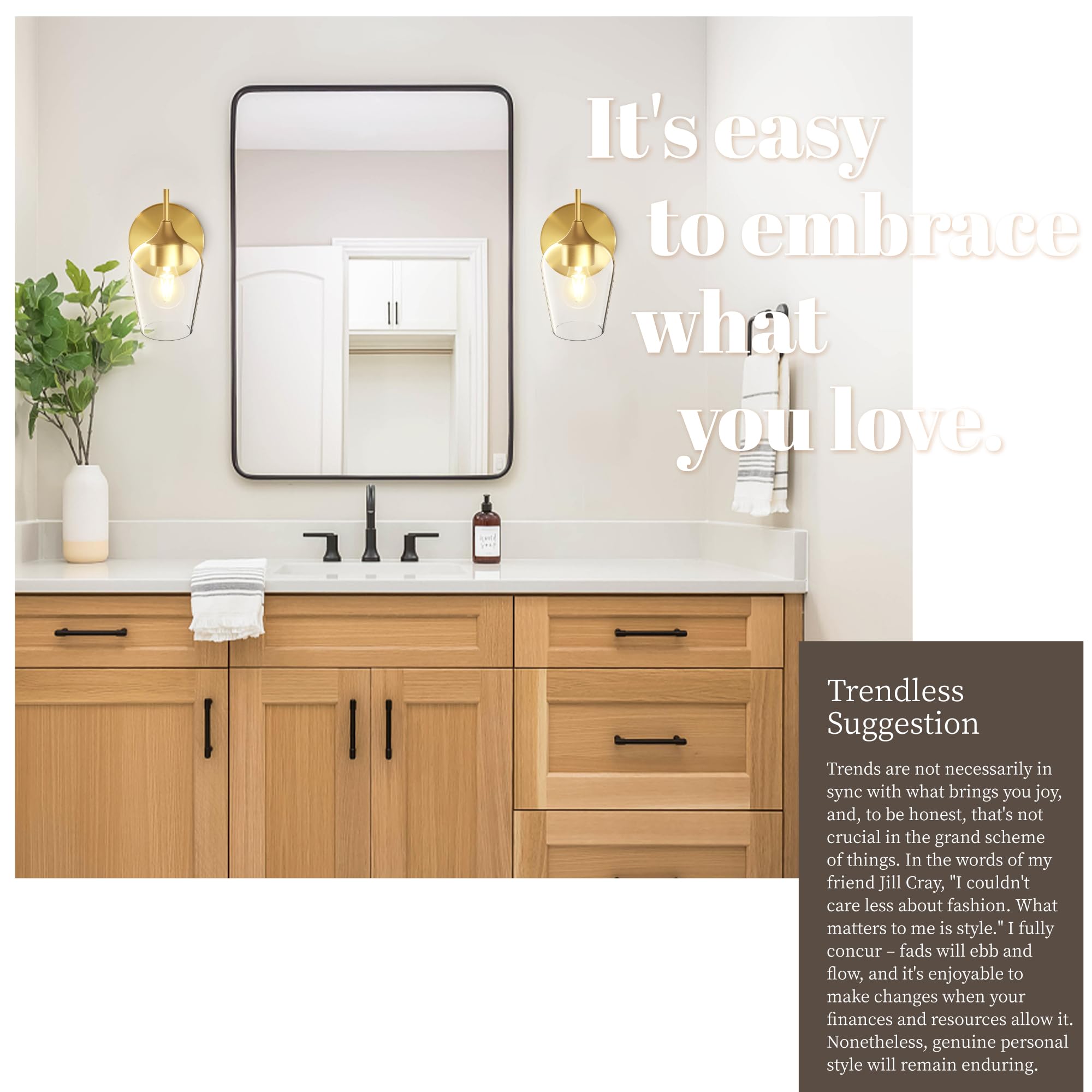 Hamilyeah Gold Wall Sconces Set of 2, Modern Vintage Brass Lighting with Clear Champagne Glass Shade for Bathroom, Bedroom, Kitchen