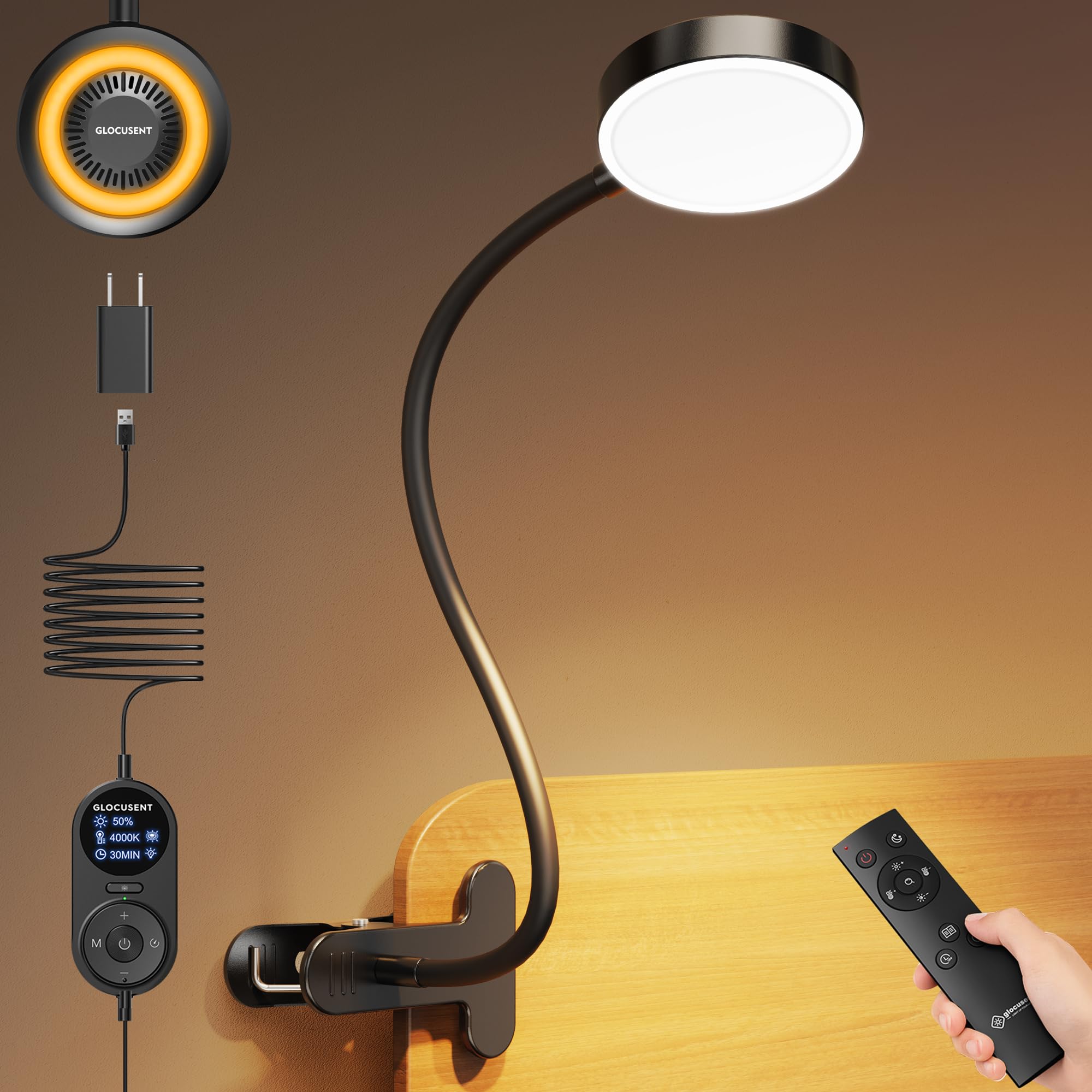 Glocusent 72 LED Clip on Lamp with Remote  Reading Light with Amber Ring  3 Colors & 5 Dimmable Bed Lamp  30/60-Min Auto Off Timer  Clamp Light for Headboard/Dorm/Bunk (Black)