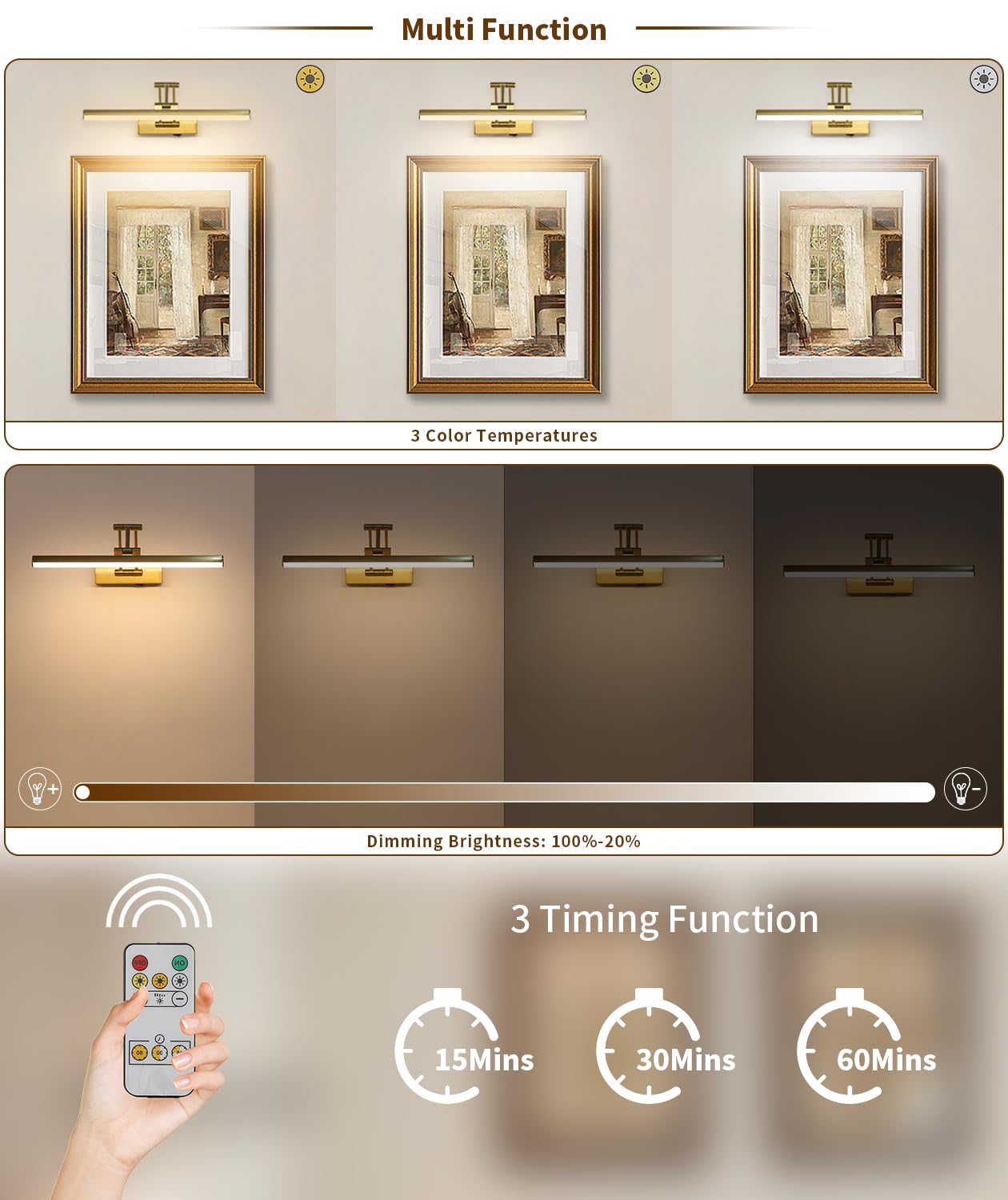 Joossnwell Wireless Picture Light - 15.74" Battery Operated Brass LED Art Light with Remote, Dimmable, Rechargeable for Gallery and Library