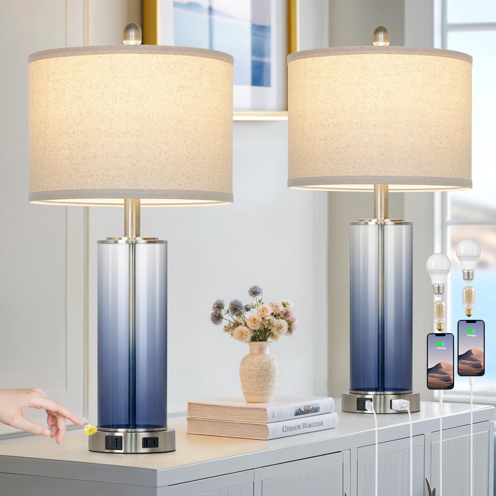 Ruzectt 26in Coastal Blue Glass Table Lamps Set of 2, 3-Way Dimmable, USB Ports, AC Outlet, Nautical Design