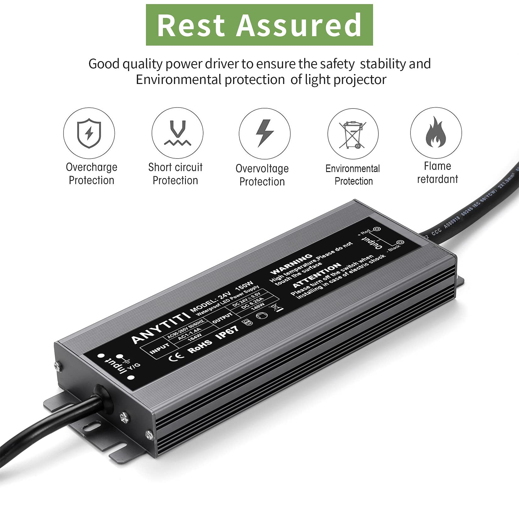 ANYTITI LED Driver, LED Power Supply with IP67 Waterproof Rating, Low Voltage Transformers, 150W Output, DC24V 6.25A with 3-Pron