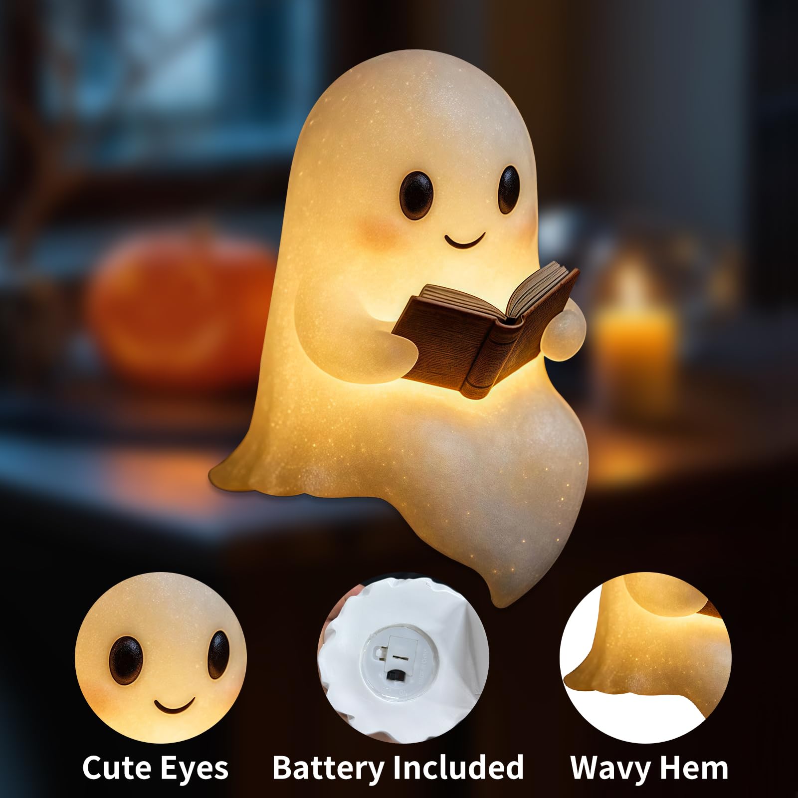 Qetrabone Halloween Ghost Reading Book Lamp  Funny Ghost Figurine Statue  Halloween Decoration For Gift Props Tabletop Bookshelf Home Decor