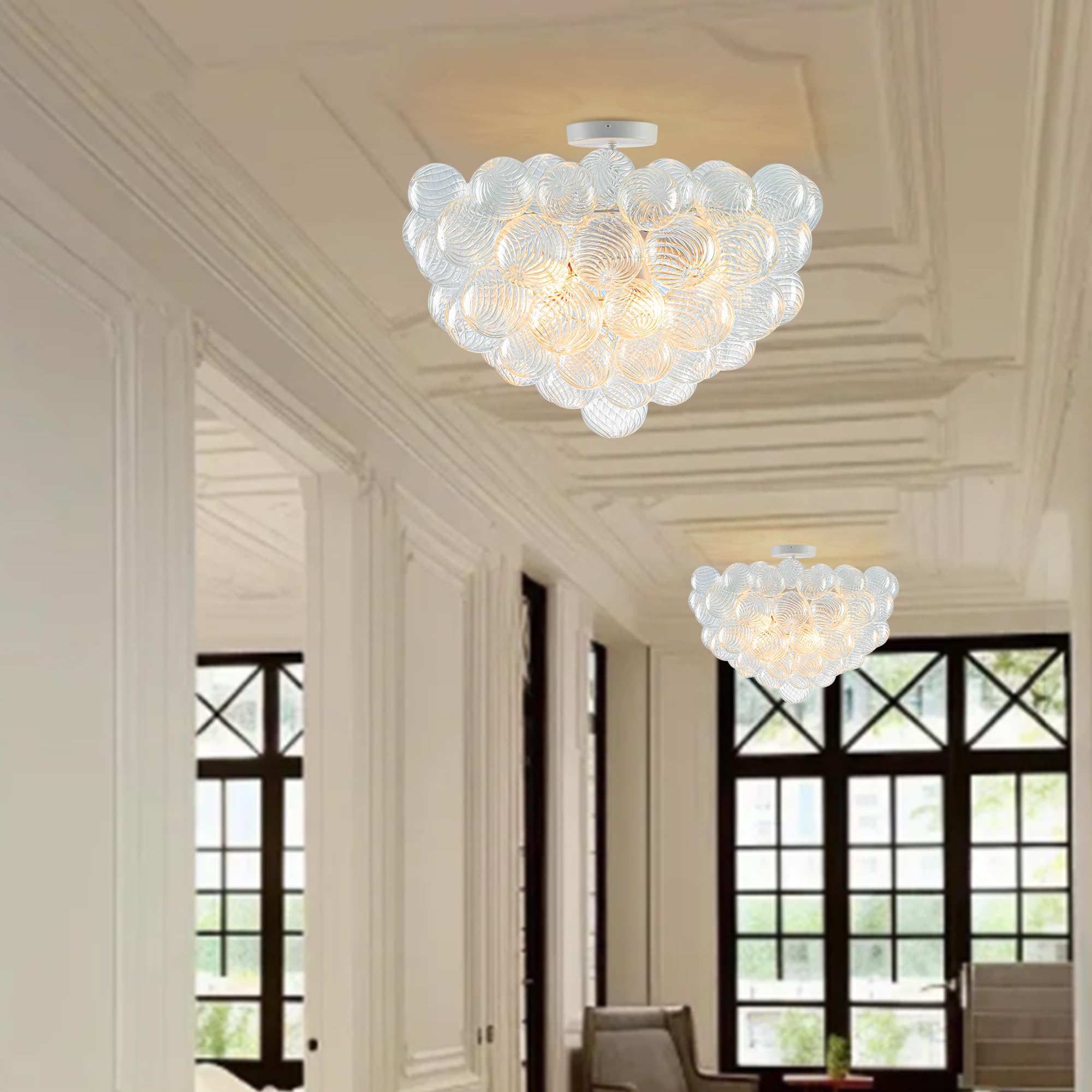 Beypan Bubble Glass Ball Chandelier White Finish 24'' Dia Semi-Flush Mount Ceiling Lights Clear Ribbed Blown Glass Globe Chandel