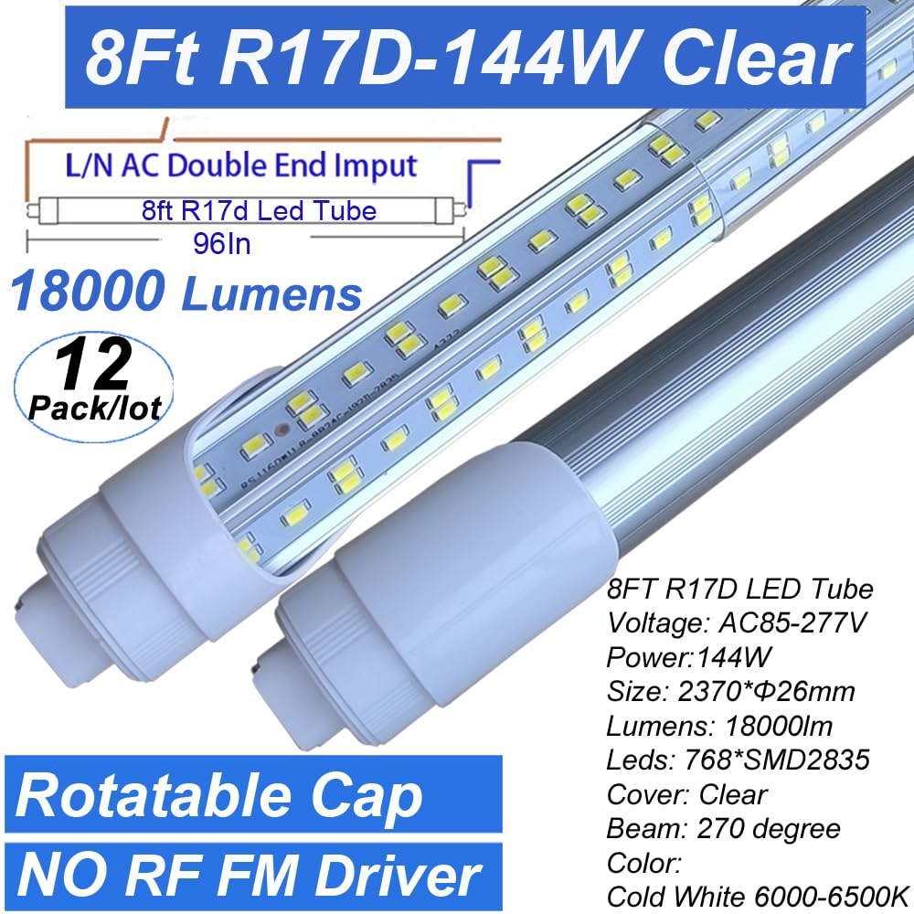 CAIKAG 8Ft LED Ballast Bypass Bulbs, 144W T8 R17D Tube, 18000LM Cold White, Silver, 12Pack