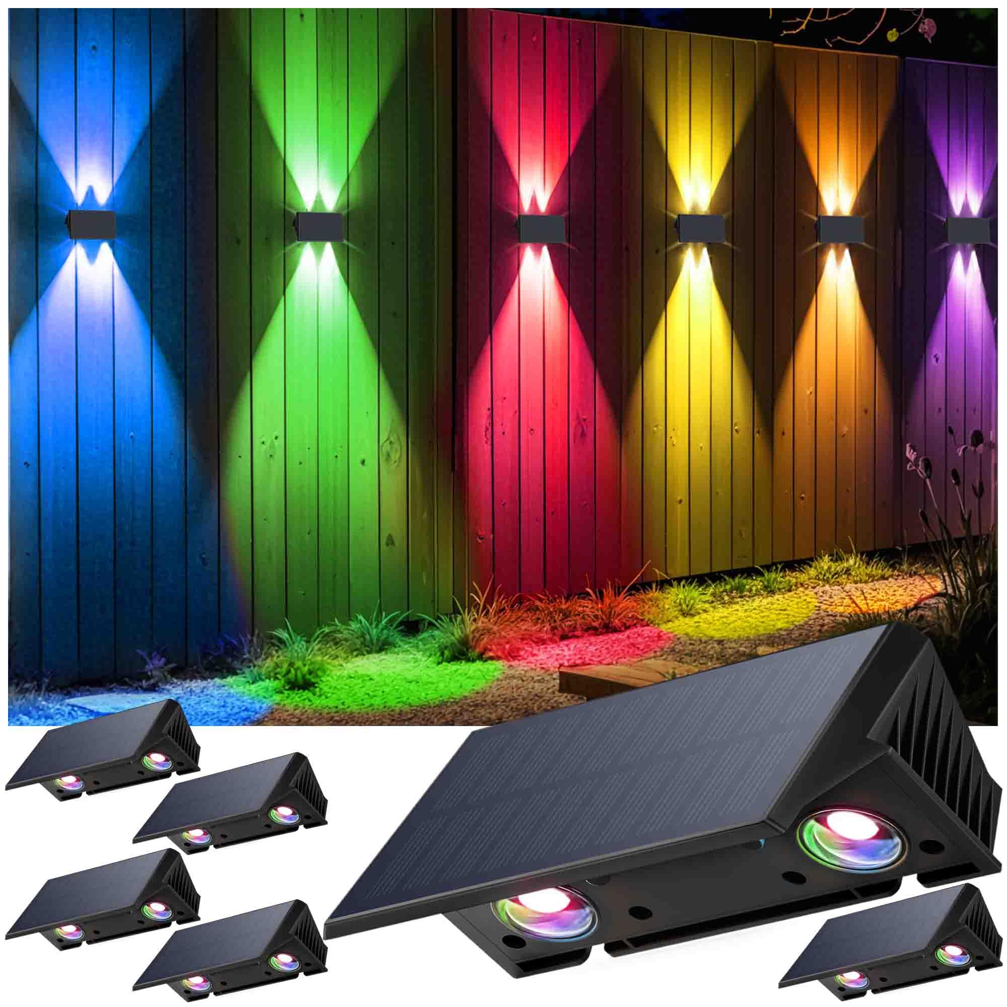 Solar Fence Lights 6-Pack | Up/Down with Flexible Buttons | IP67 Waterproof for Outdoor | 120LM Bright | Upgraded Lens | Auto Du