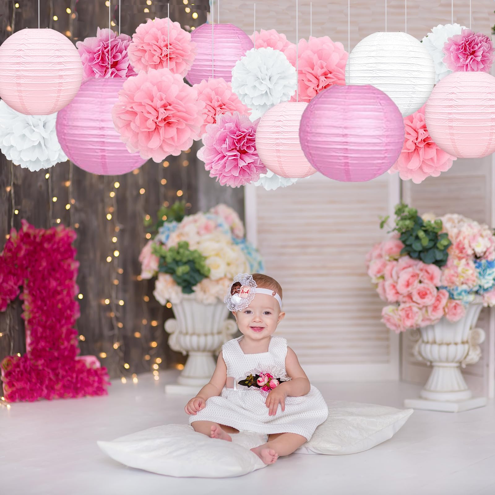 Celehappy Pink Paper Lanterns - 18pcs Tissue Paper Pom Poms for Baby Shower, Wedding, Birthday - Variety Pack, Hot Pink/Pink/White