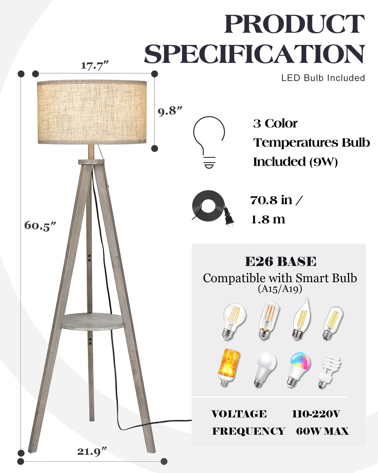 Elyona Tripod Floor Lamp With 3 Color Temperatures Led Blub, Wood Floor Lamp With Table - Farmhouse Tall Reading Standing Light