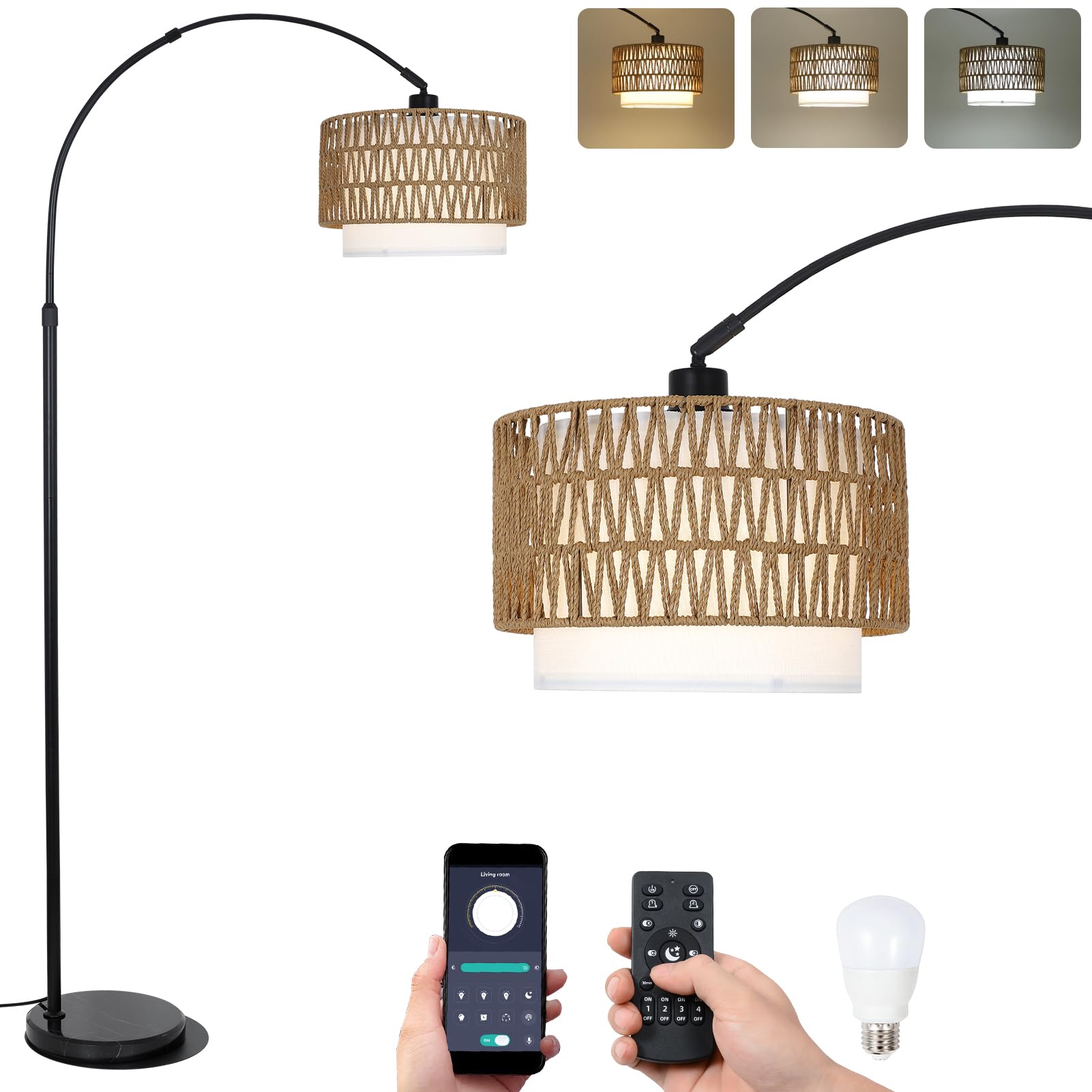 eyassi Arc Floor Lamp with Remote, Modern LED Floor Lamp with Dimmable Bulb, Boho Farmhouse Standing lamp with Fabric & Rattan L