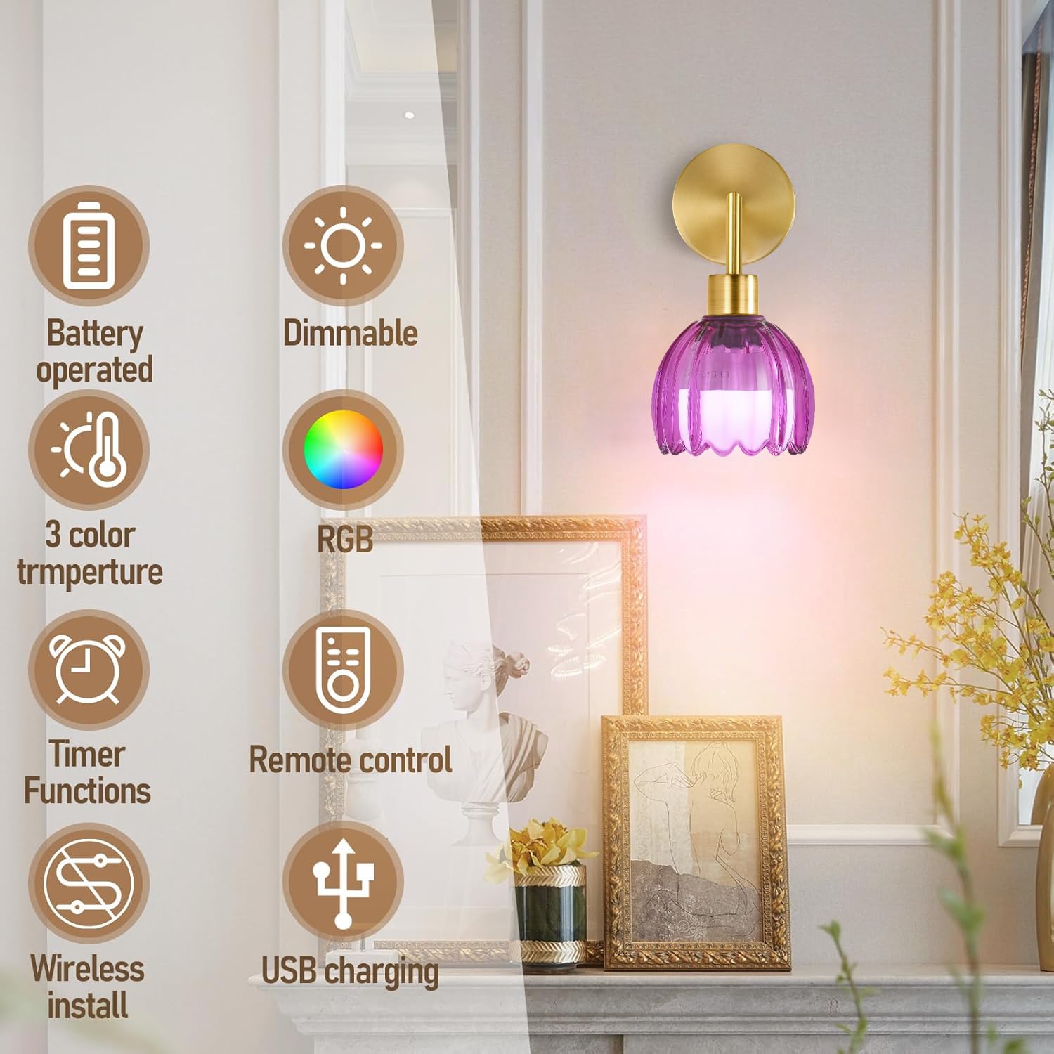 WLQCWL Gold Battery Operated Wall Sconces Set of 2, Wireless Remote Control, Glass Lampshade, Vintage Design, Model 001