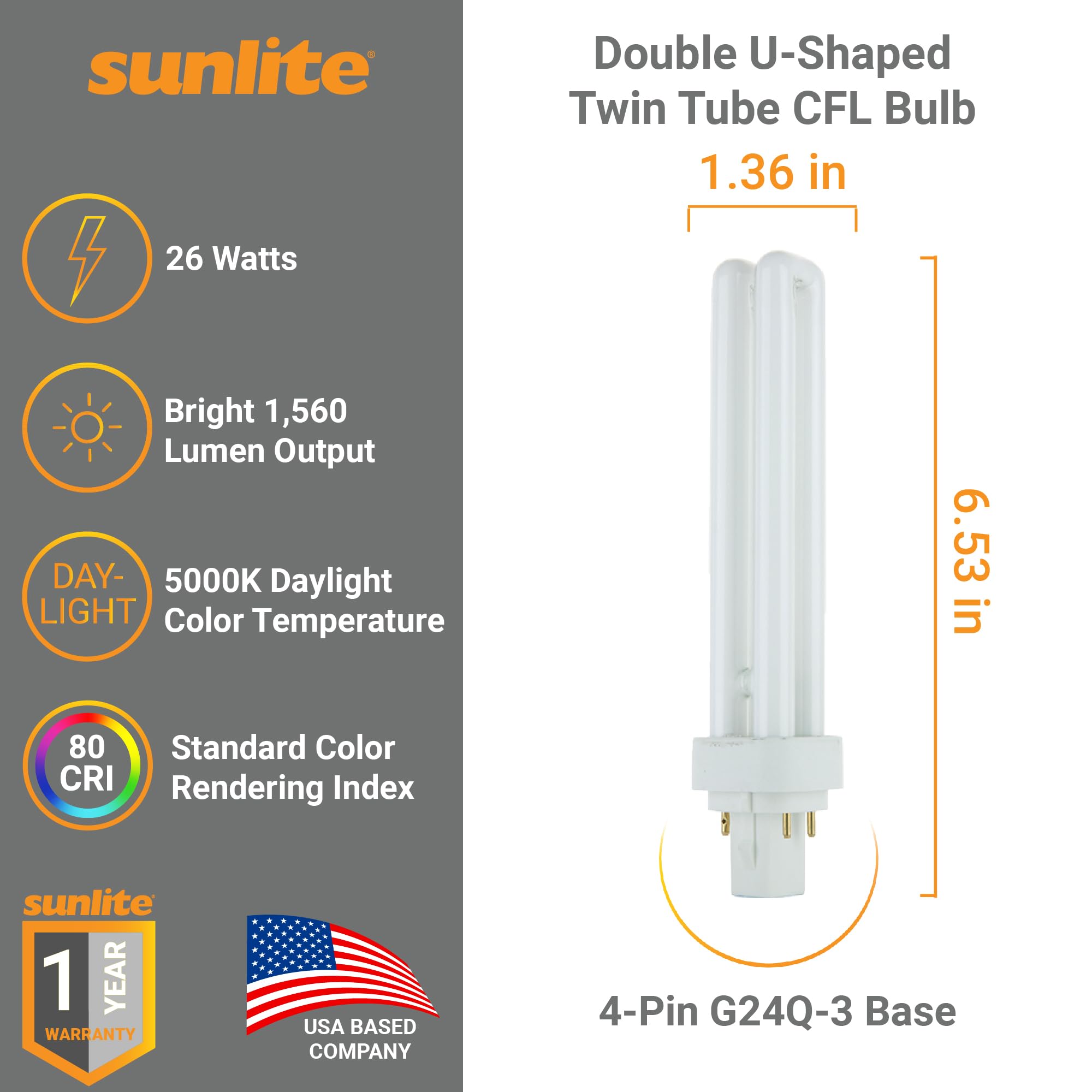 Sunlite Compact Fluorescent PLD 4 Pin Double U-Shaped Twin Tube Light Bulb, 26 Watts, 120 Volts, 4 PinG24q3 Base, 1560 Lumens, 5