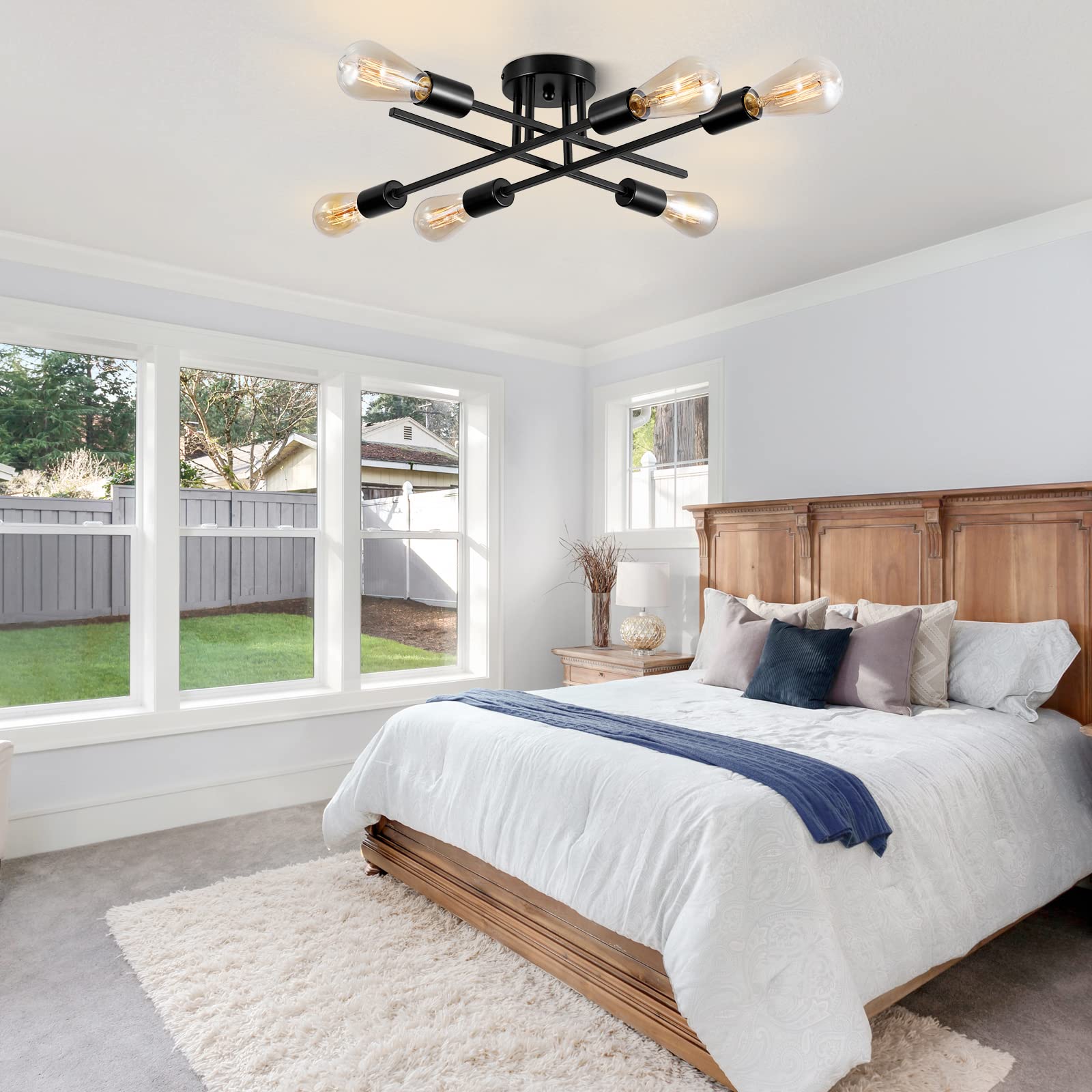 Brknit 6-Light Sputnik Chandelier, Modern Black Semi Flush Mount Ceiling Light Fixture