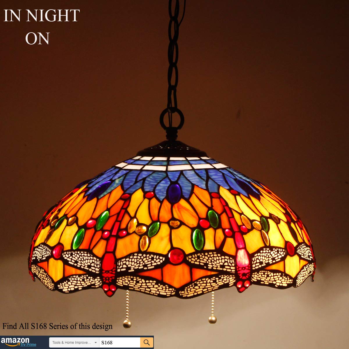 WERFACTORY Tiffany Pendant Light, 16in Wide, 40in Height, Stained Glass, Orange Blue Dragonfly S168 Series, Large Hanging Lamp