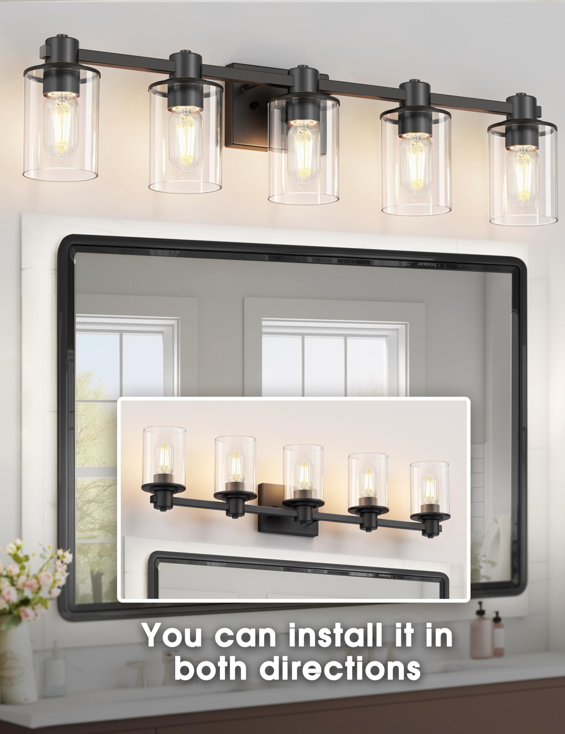 DORESshop 5-Light Black Bathroom Light Fixtures, Modern Brushed Vanity Lights with Clear Glass Shade, Model 4eab6c84-cb7d-4baf-8a33