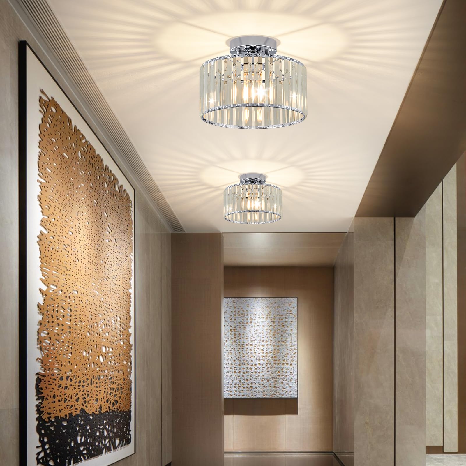 Pevfah Crystal Chrome Ceiling Light, Modern Semi Flush Mount Ceiling Lighting Fixture, Round Hallway Ceiling Lights For Bathroom