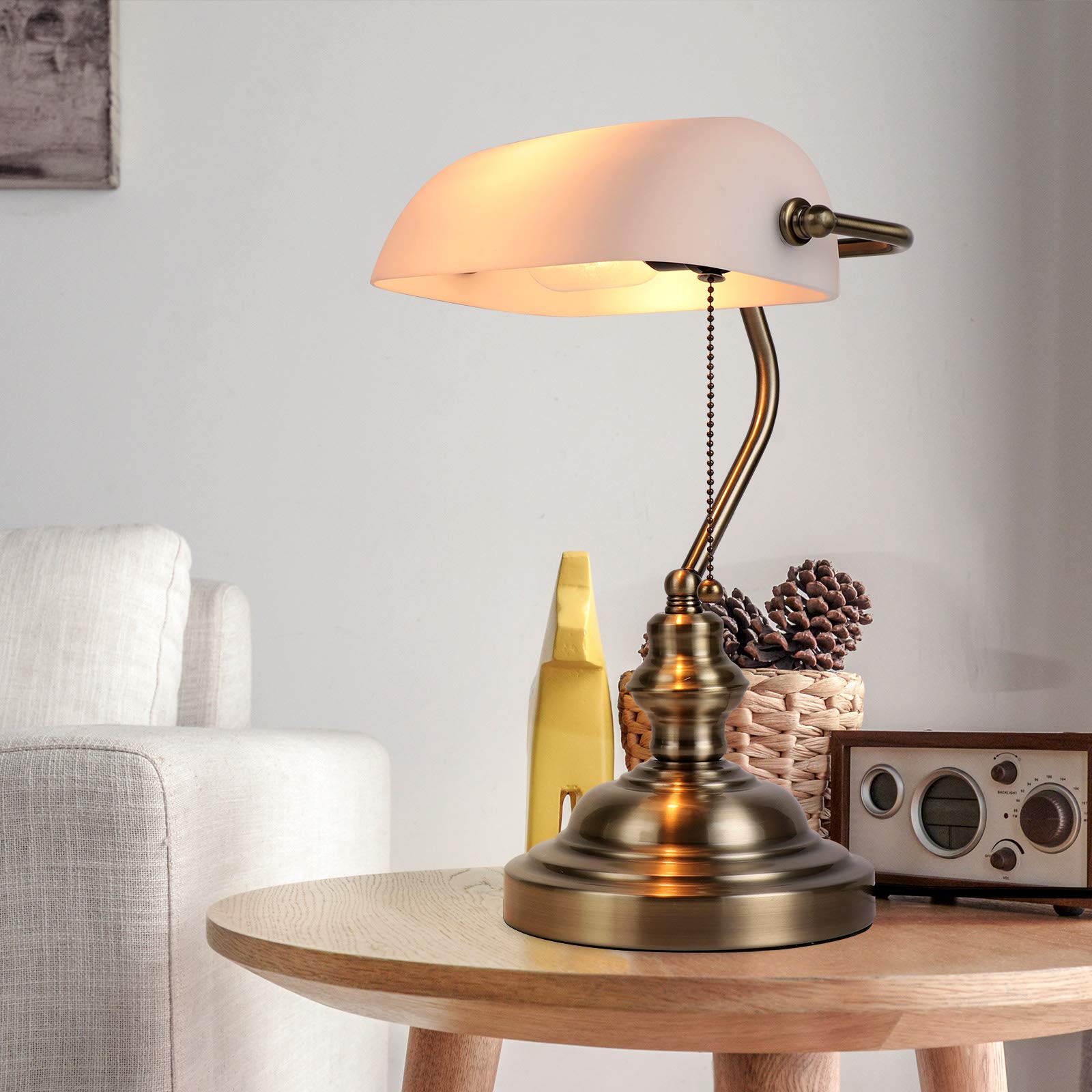 Newrays Glass Bankers Desk Lamp, Satin Brass Finish, Classic Size, White, Model YY-T9007W
