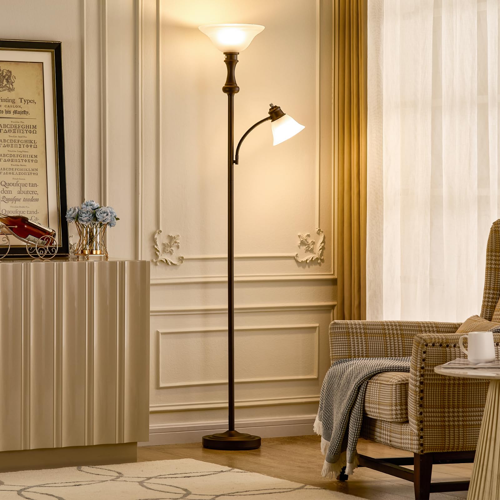 Leasgy 71 Torchiere Floor Lamp For Bedroom With Glass Shade  Tall Floor Lamps For Living Room With Adjustable Angle Arc Reading Light  Modern Standing Light  Knob Switch  Bulb Included  Red Brown