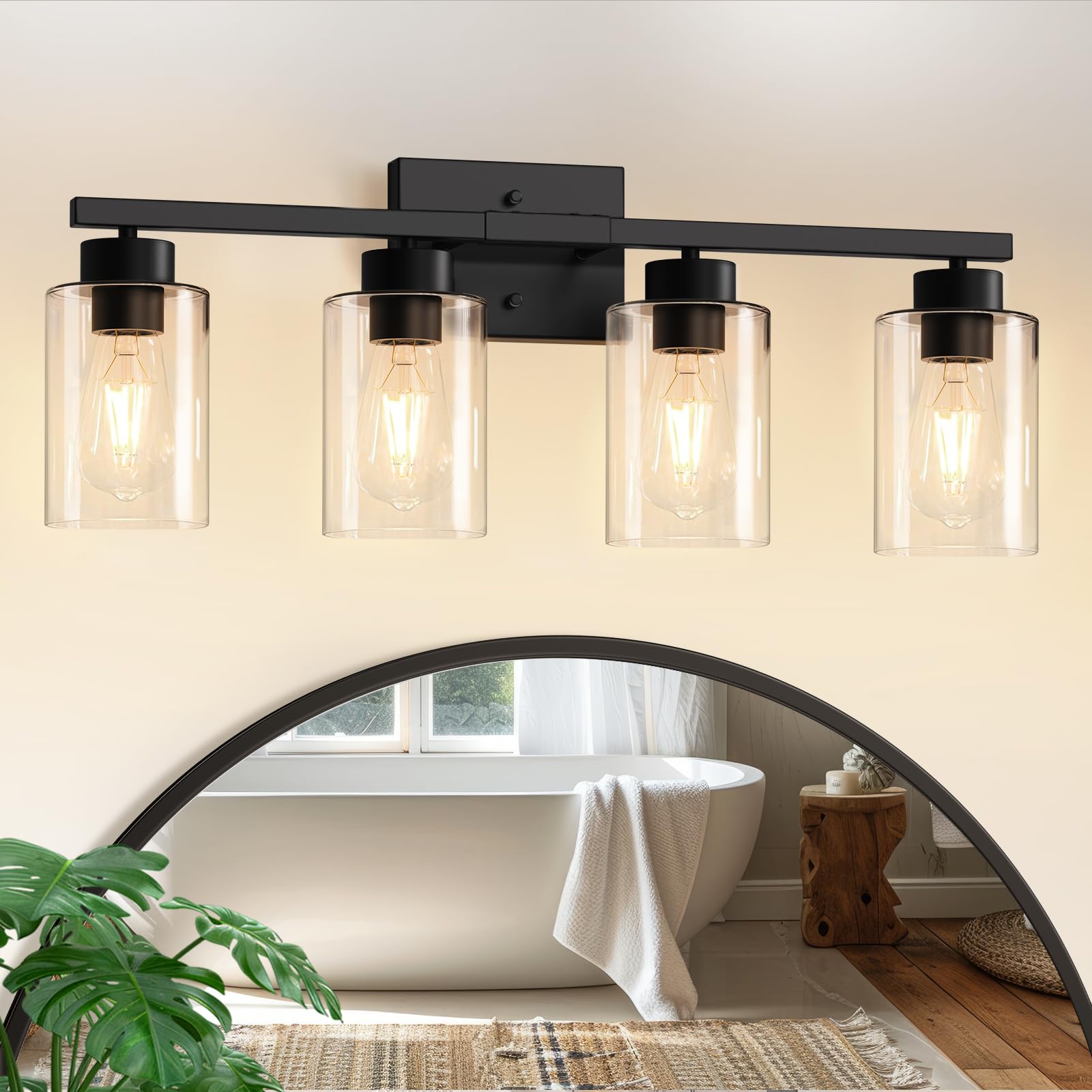IZORRO Modern Bathroom Light Fixtures, 4 Light Black Vanity Lights, Bathroom Lighting Fixtures Over Mirror with Clear Glass for 