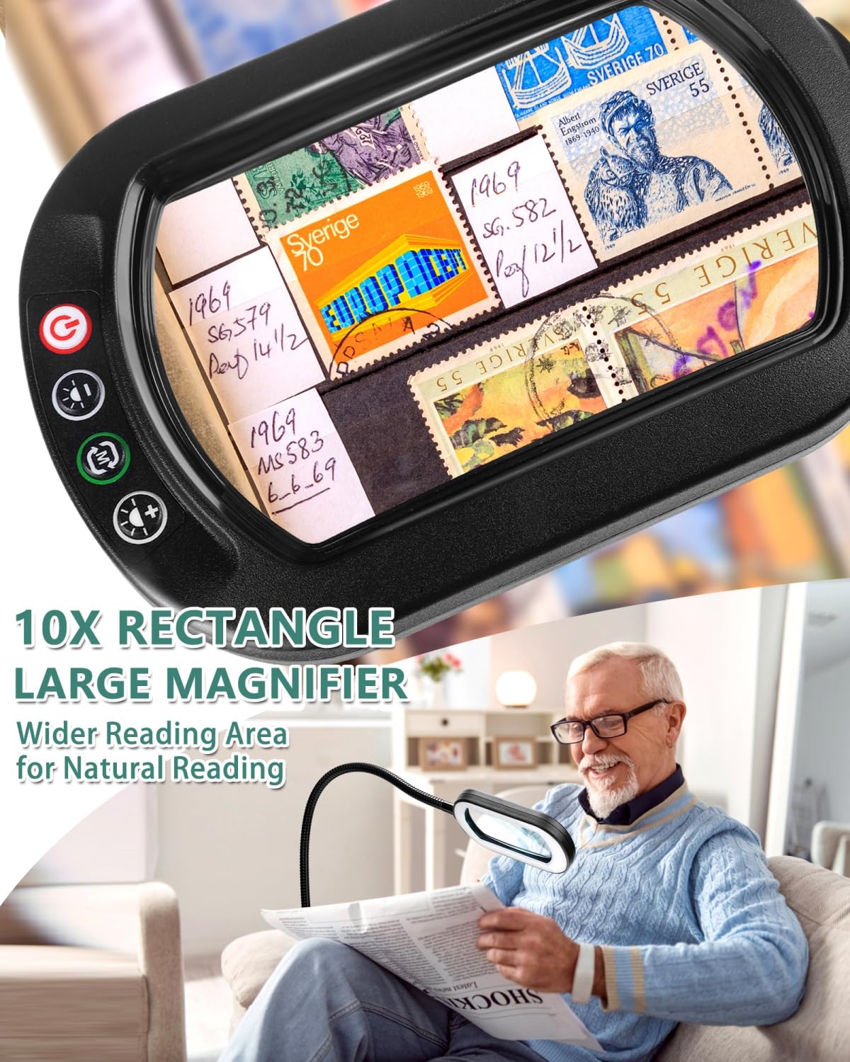 10X Rectangle Magnifying Glass With Light And Stand, 24'' Flexible Gooseneck 3-In-1 Floor Lamp, 5 Color Modes Stepless Dimmable,