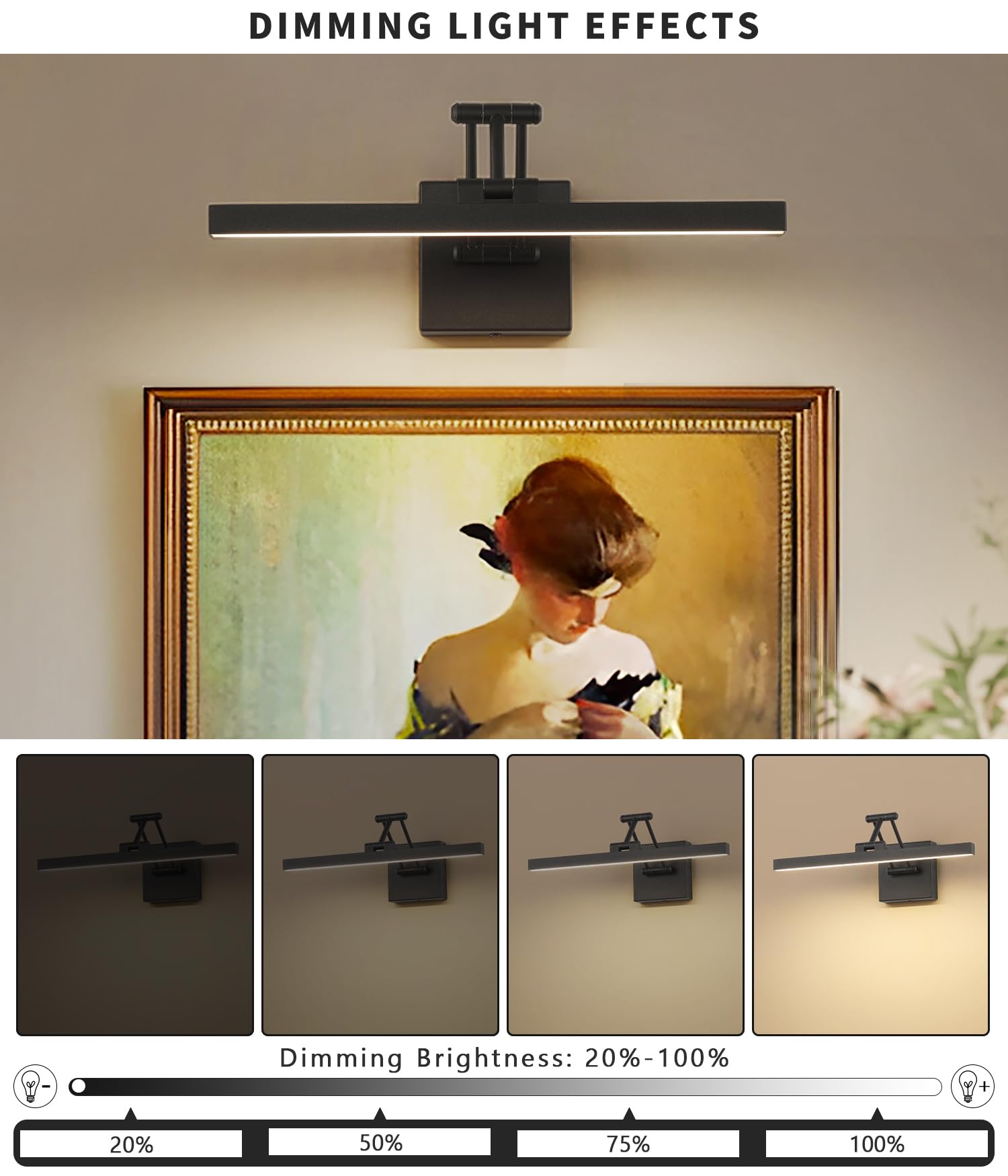 Pasoar Hard-Wired Picture Light Dimmable Led Picture Lights For Paintings 15.7" Inch Black Metal Body Wall Pictures With Adjustable Swing Arm Art Display Lamps 7W 3000K Warm White Book Light
