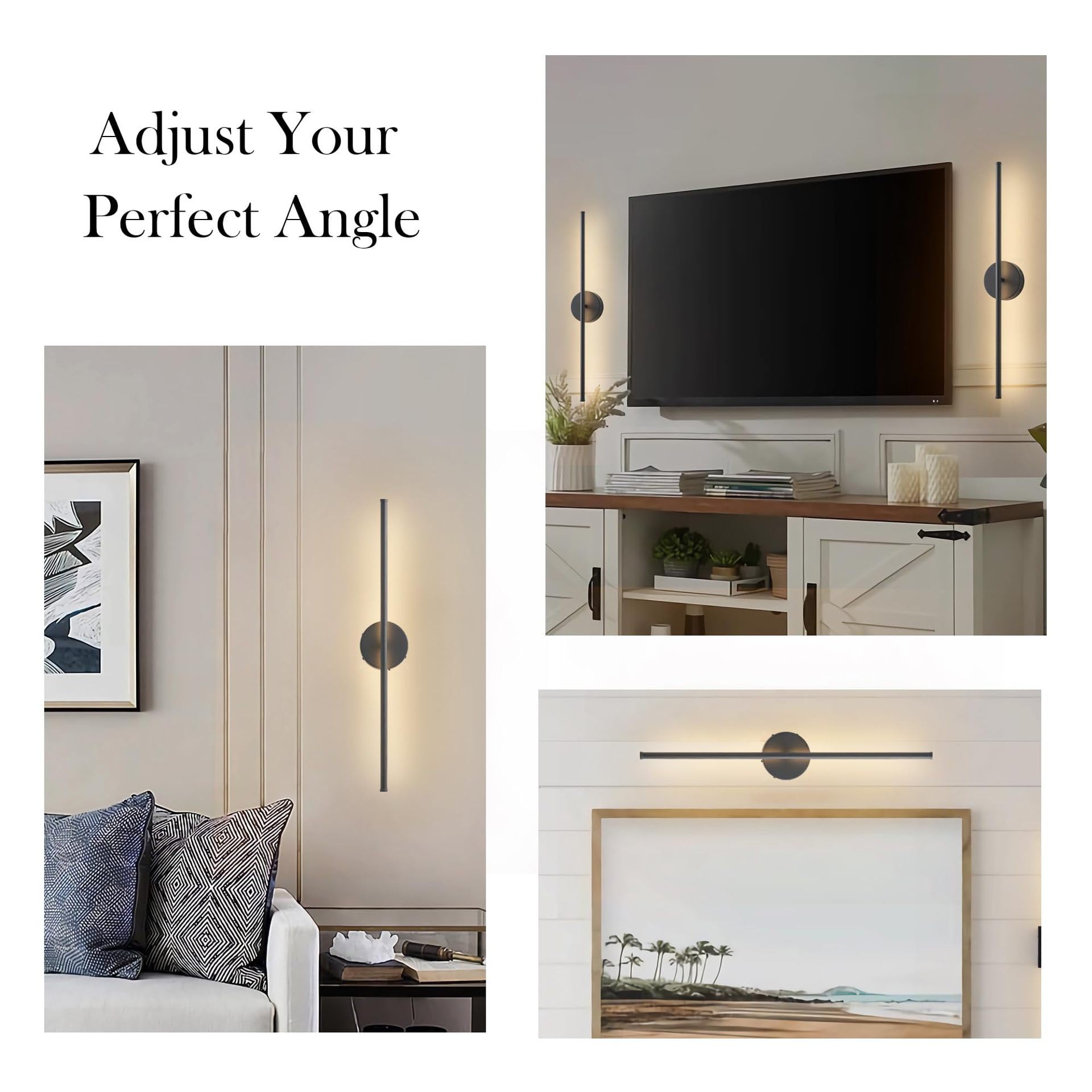 InnovAbode Wireless USB Rechargeable LED Wall Sconce Light Set of Two, Dimmable 3-Light, 360° Rotateable, 28.3 inches, Black, Model MLR211