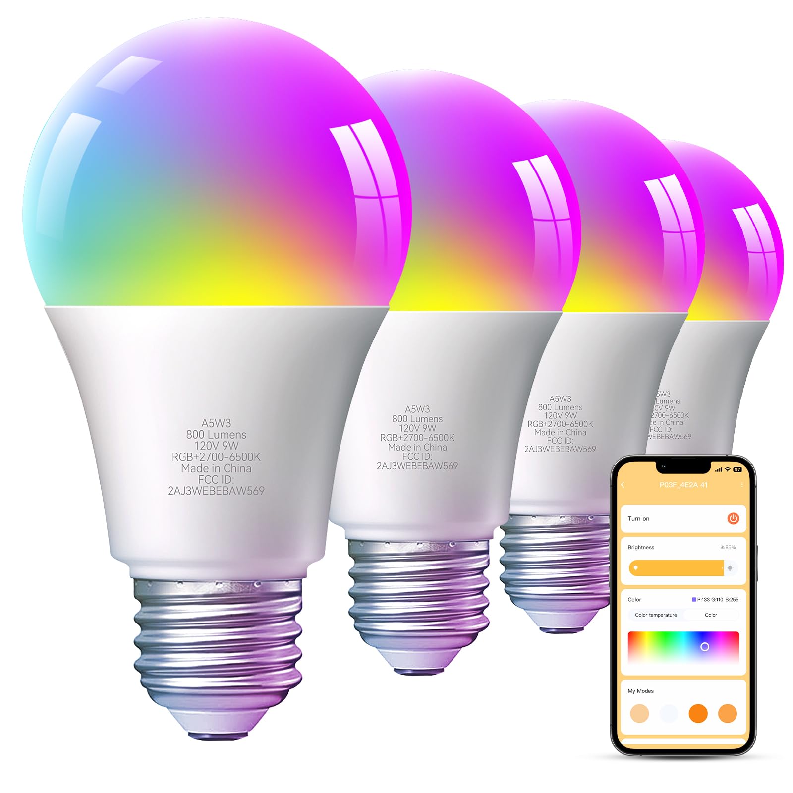 Tjoy 4 Pack Smart Light Bulbs, Bluetooth Wifi Led Bulb Work With Alexa &Google Assistant, Rgb Color Changing Alexa Bulbs, Music 
