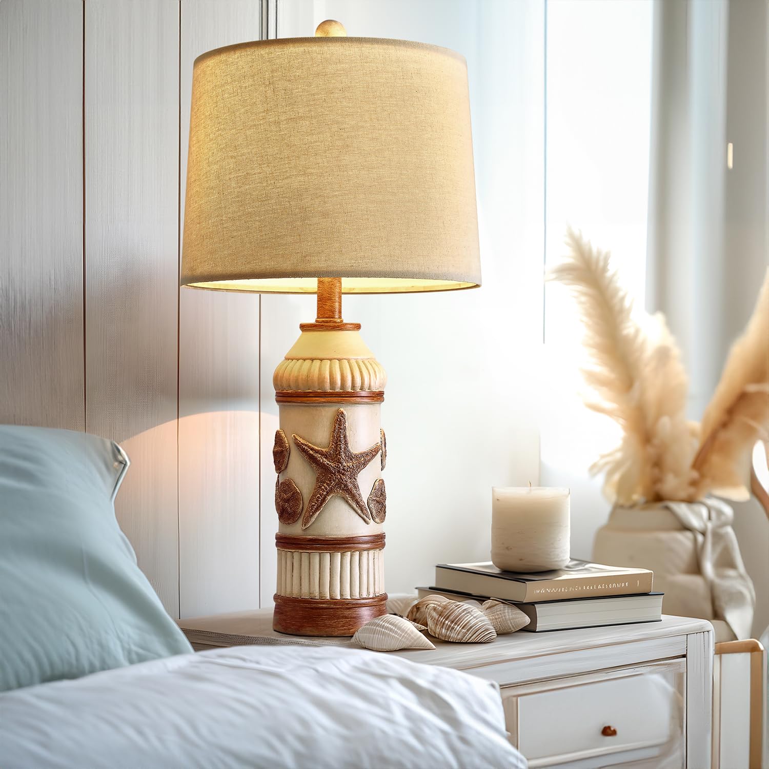 OYEARS 24" Boho Table Lamp - Coastal Nautical Design, Off White, Vintage Retro Style for Bedroom & Living Room Decor