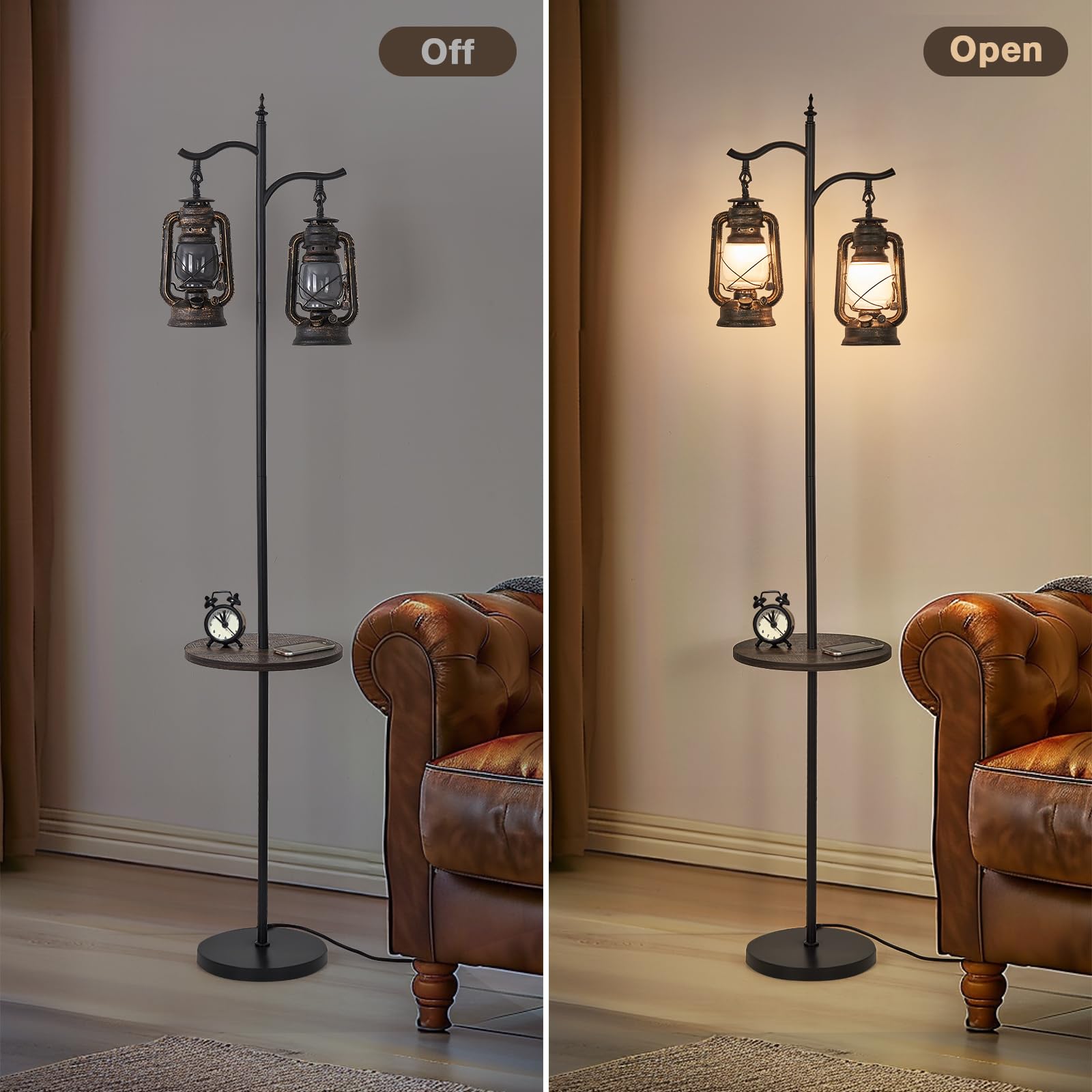Farmhouse Floor Lamp With Table, Double Head Vintage Floor Lantern, Standing Lamp For Living Room,Bedroom, Rustic Floor Lamp Wit