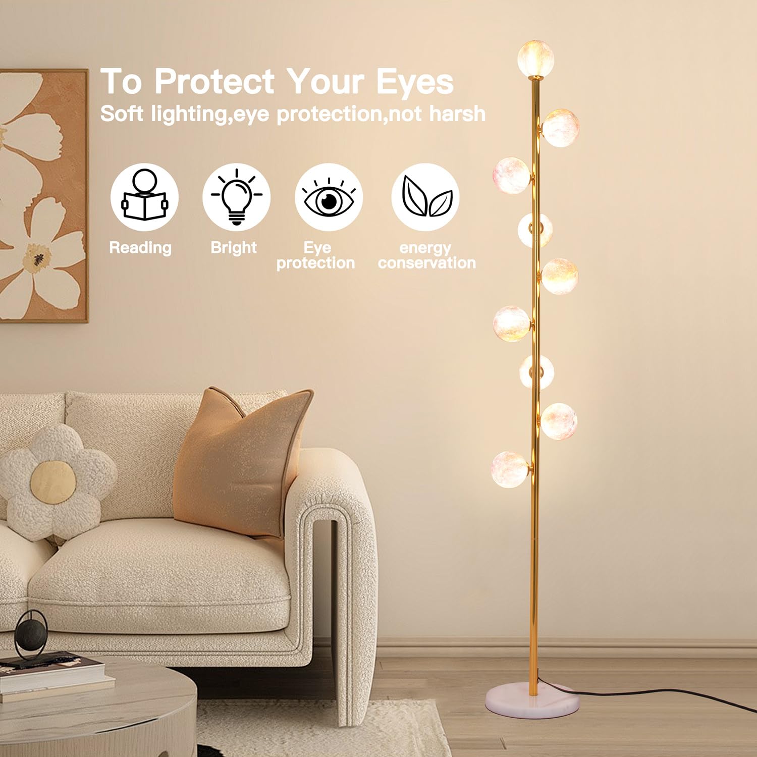 Hsyile Modern Creative Floor Lamp - Globe High Pole Standing Lamp, Gold & Colored Shade, Model KU198298 for Living Room, Bedroom, Office