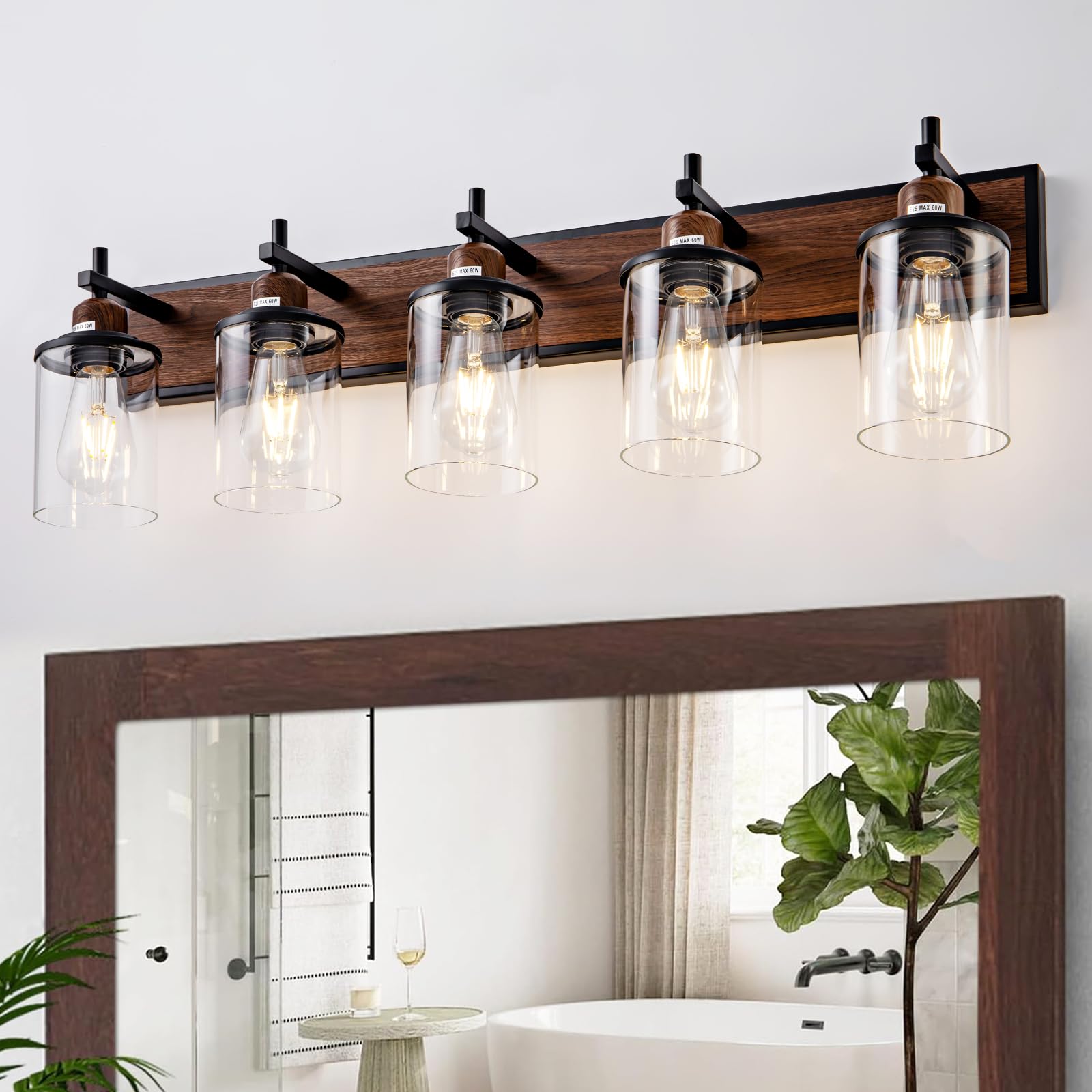 Lanhall 5-Light Farmhouse Bathroom Light Fixtures Vintage Bathroom Vanity Lights Over Mirror Black And Wood Painted Metal Vanity