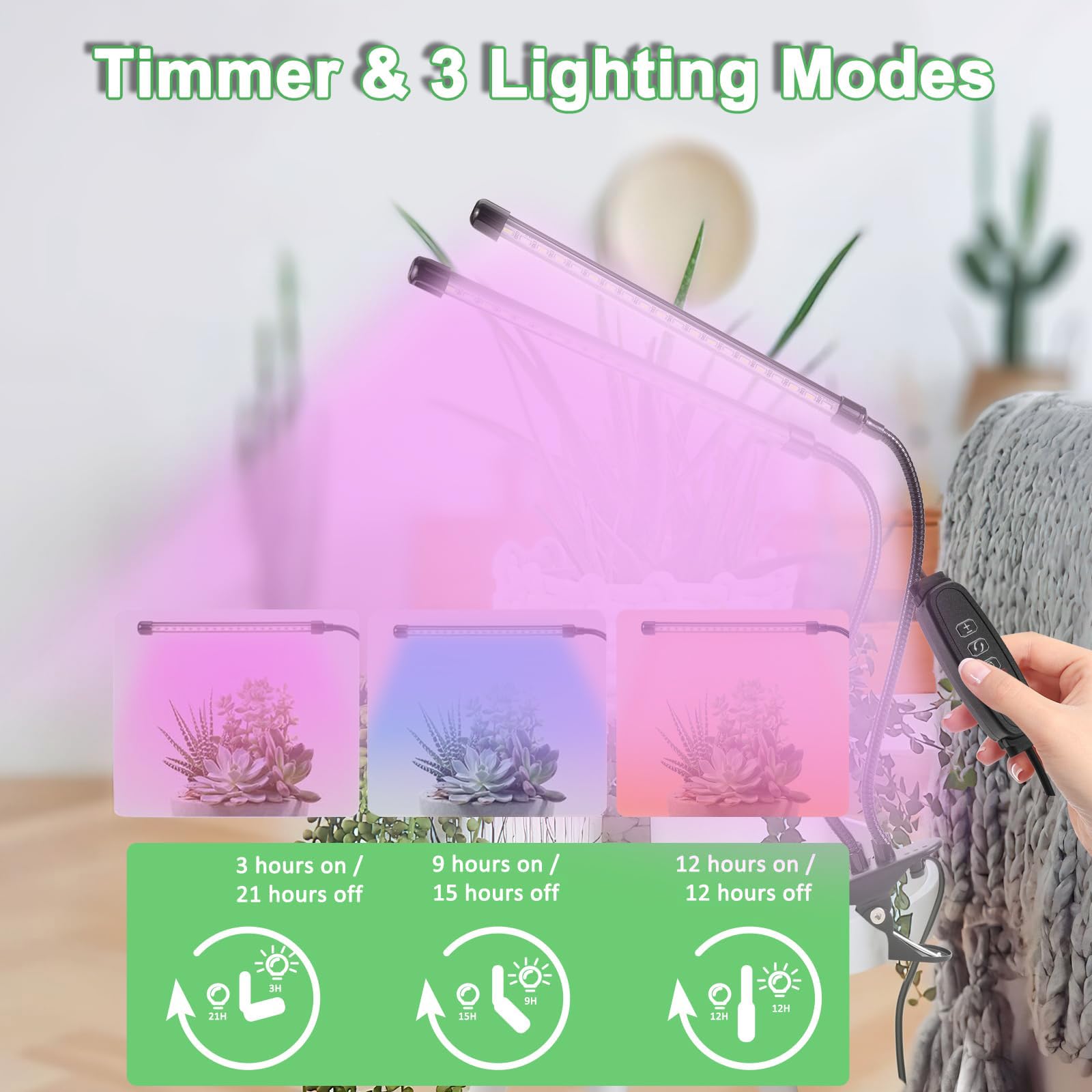 Sunny Power Grow Lights For Indoor Plants Full Spectrum  6000K Led Plant Lights For Indoor Growing  Clip On Grow Lights For Seed Starting  Adjustable Auto Timer 3 Lighting Modes For Succulents  2 Head