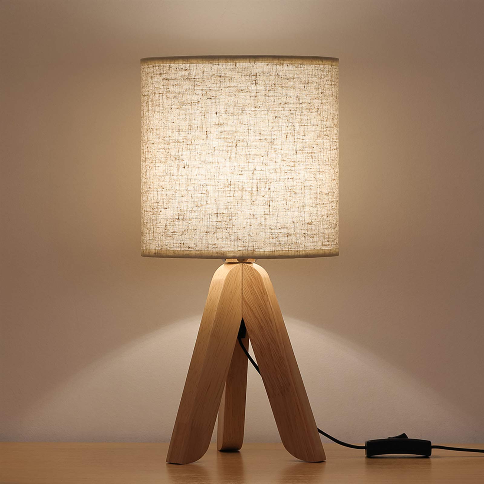 Haitral Small Wooden Tripod Bedside Table Lamp With Linen Shade - 13.4 Inches, Bedroom/Office