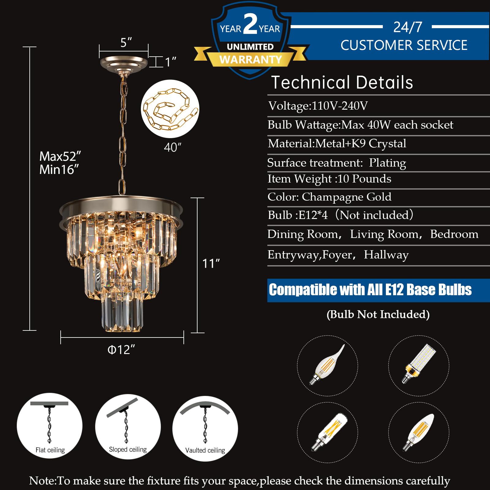 Weesalife Crystal Pendant Lighting Fixture, 4-Lights, D12in, Champagne Gold, Model A8828 for Dining Room, Kitchen Island, Entryway