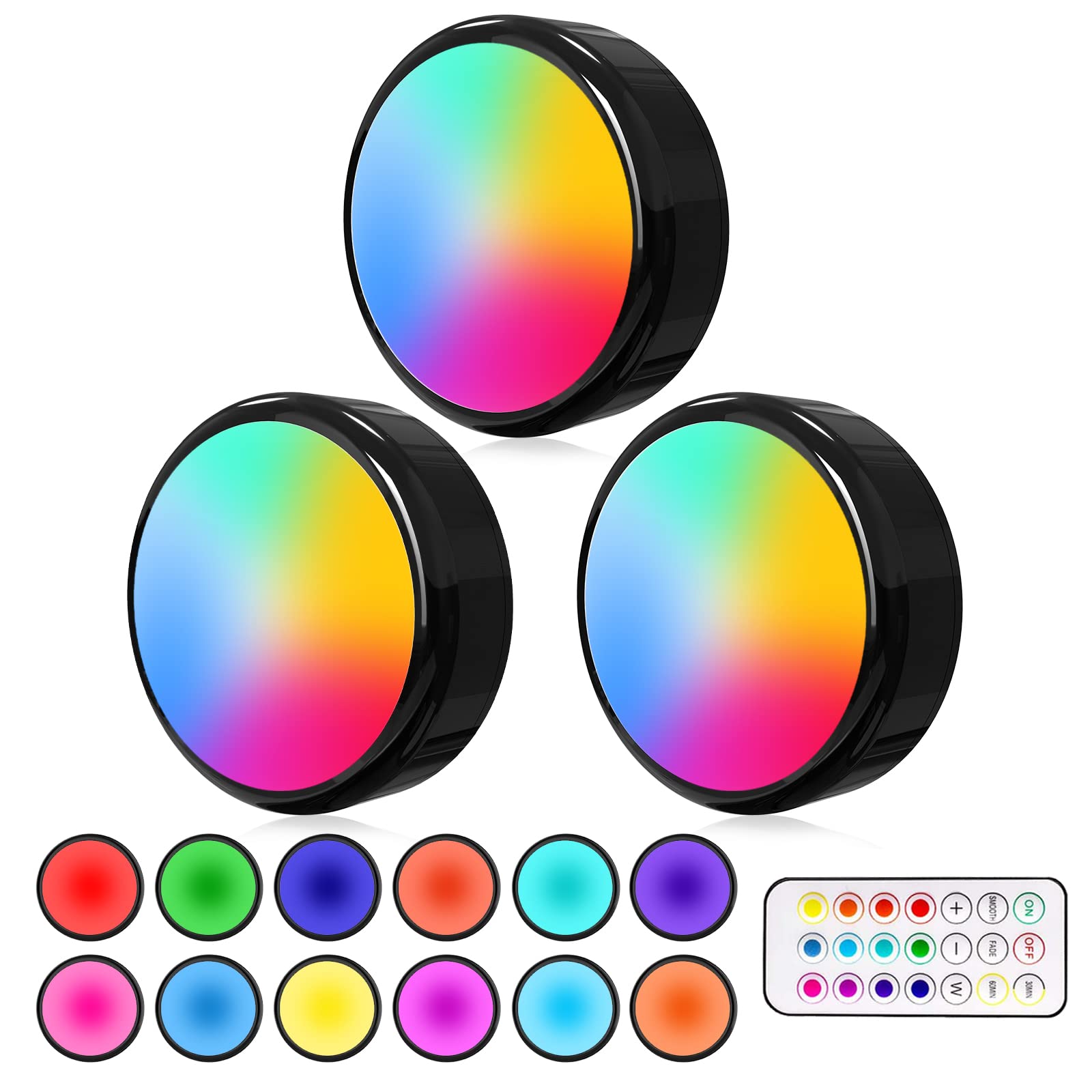 ILYXY Puck Lights with Remote, 3 Pack LED Under Cabinet Lighting Dimmable Push Lights Battery Operated Under Counter Tap Lights 