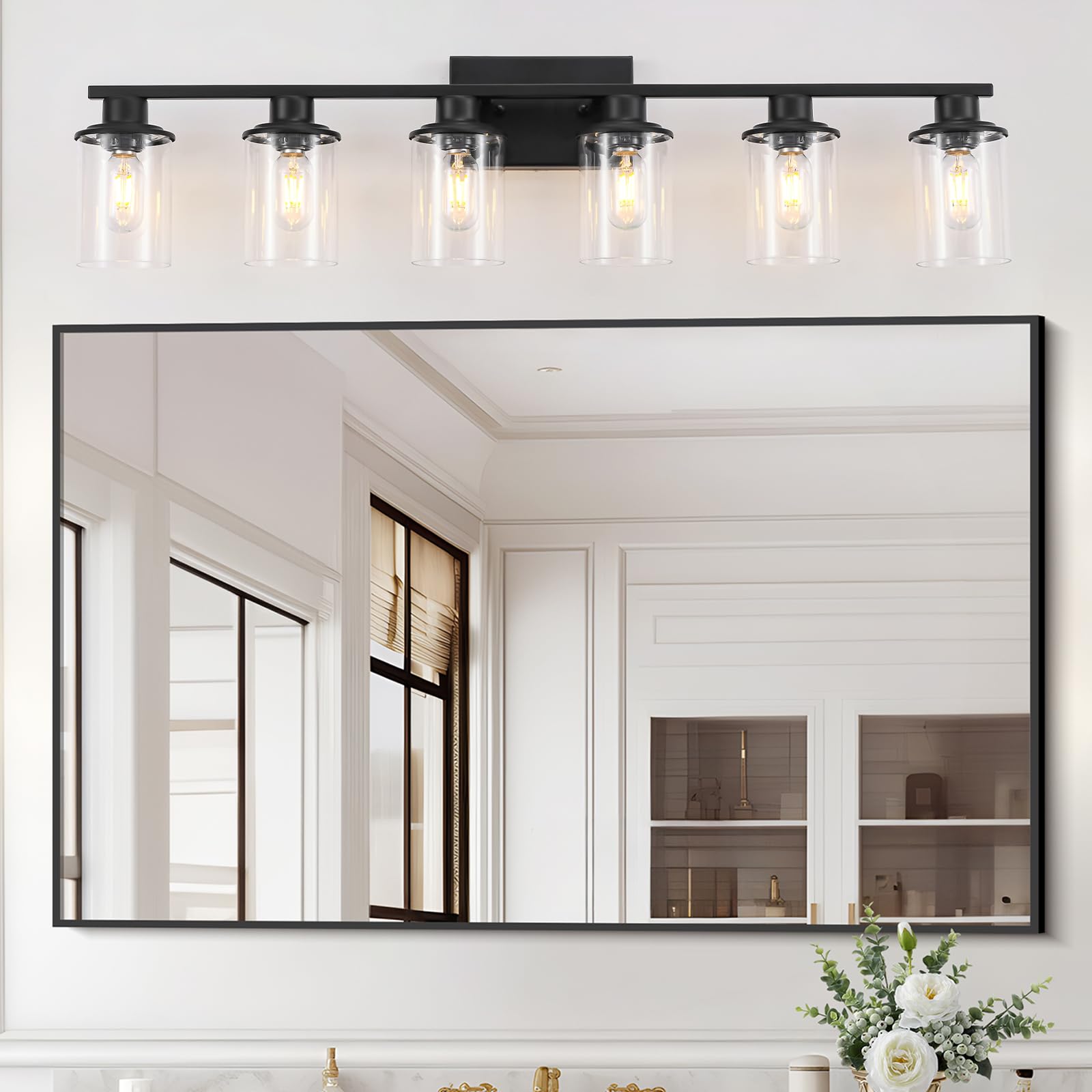 LOUSACE 6 Light Bathroom Vanity Light, Matte Black Metal Fixture with Clear Glass Shades, Model 21-6-BL