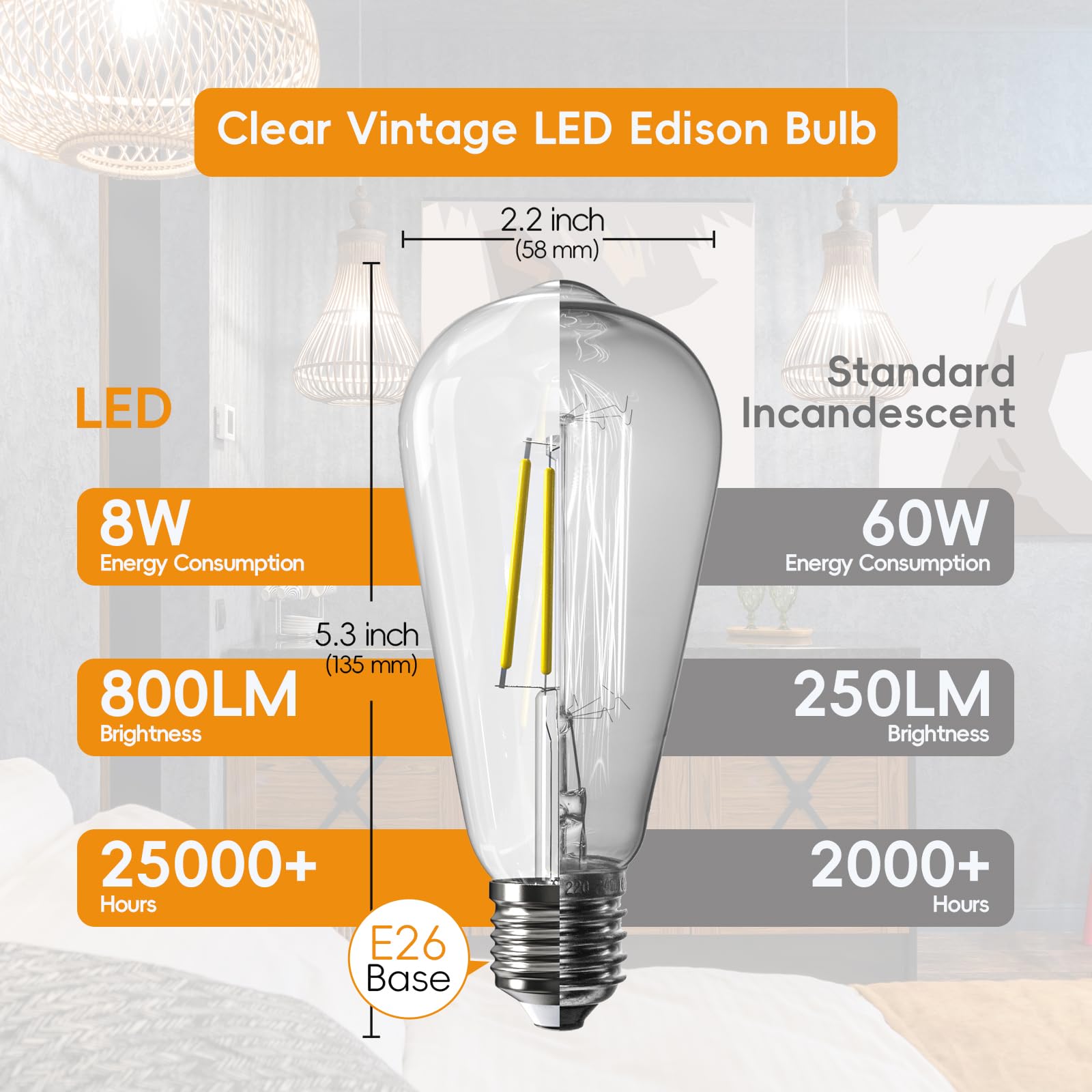 Jensense Edison LED Light Bulbs 8W Dimmable 2700K Warm White E26 60W Equivalent Clear Glass 24 Pack CRI 90 Model ETL-LBCST