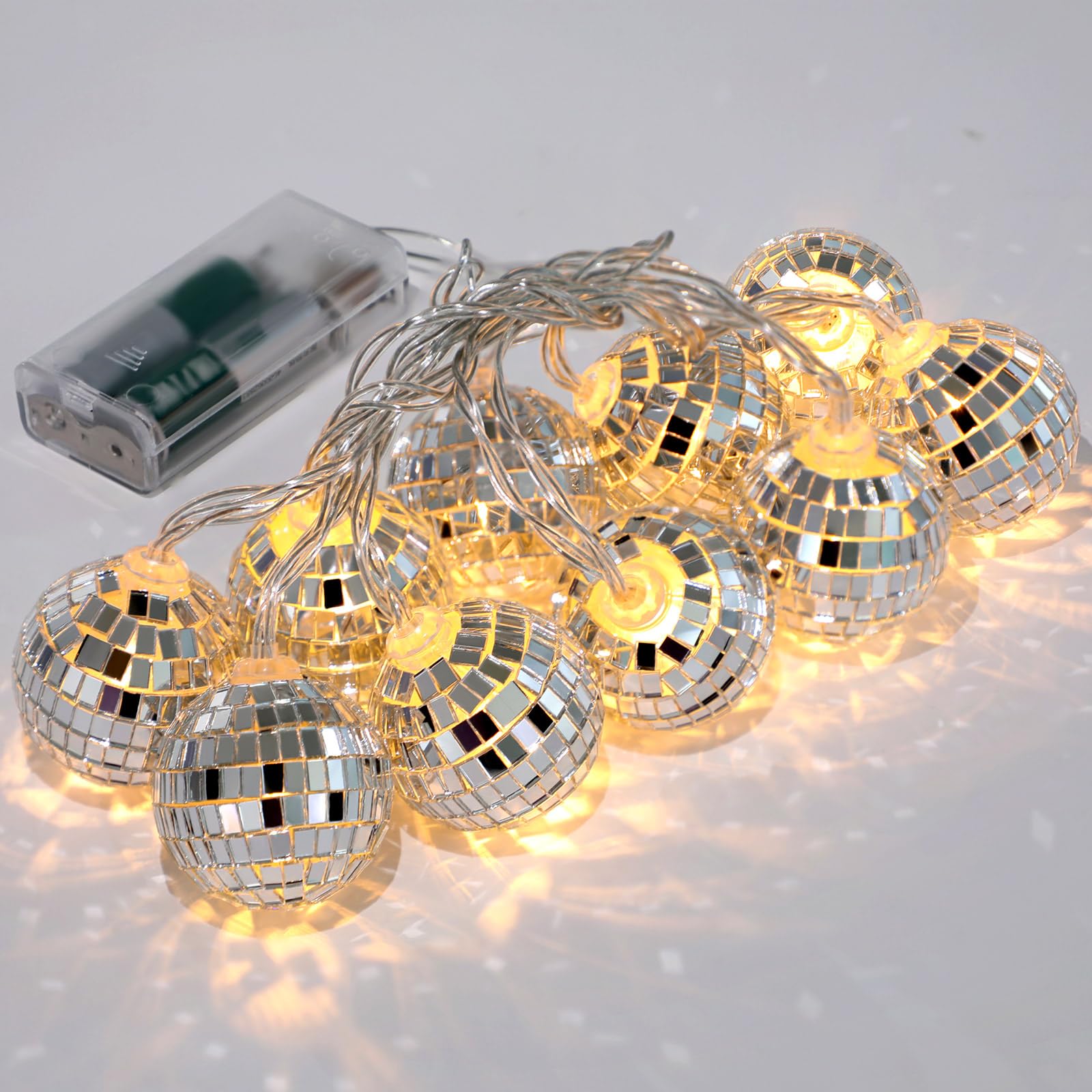 BBTO LED Disco Ball String Light, 10 Pcs, 2 Inch, Warm Color, Battery Powered, Model BBTO-Disco Ball-92