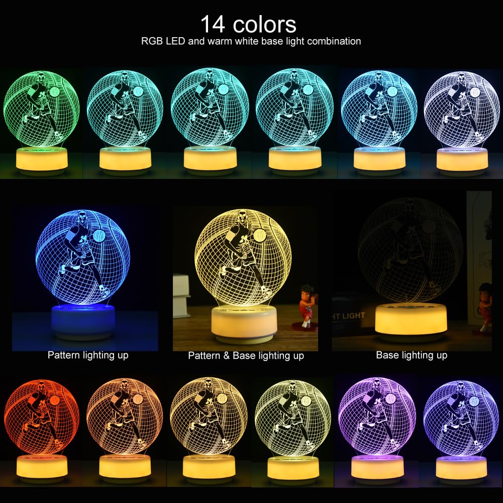 Basketball Night Light Sports Table Mood Lamp,14 Colors Pattern & Warm White Luminous Base Desk Light, Entity Key/Timer/Remote C