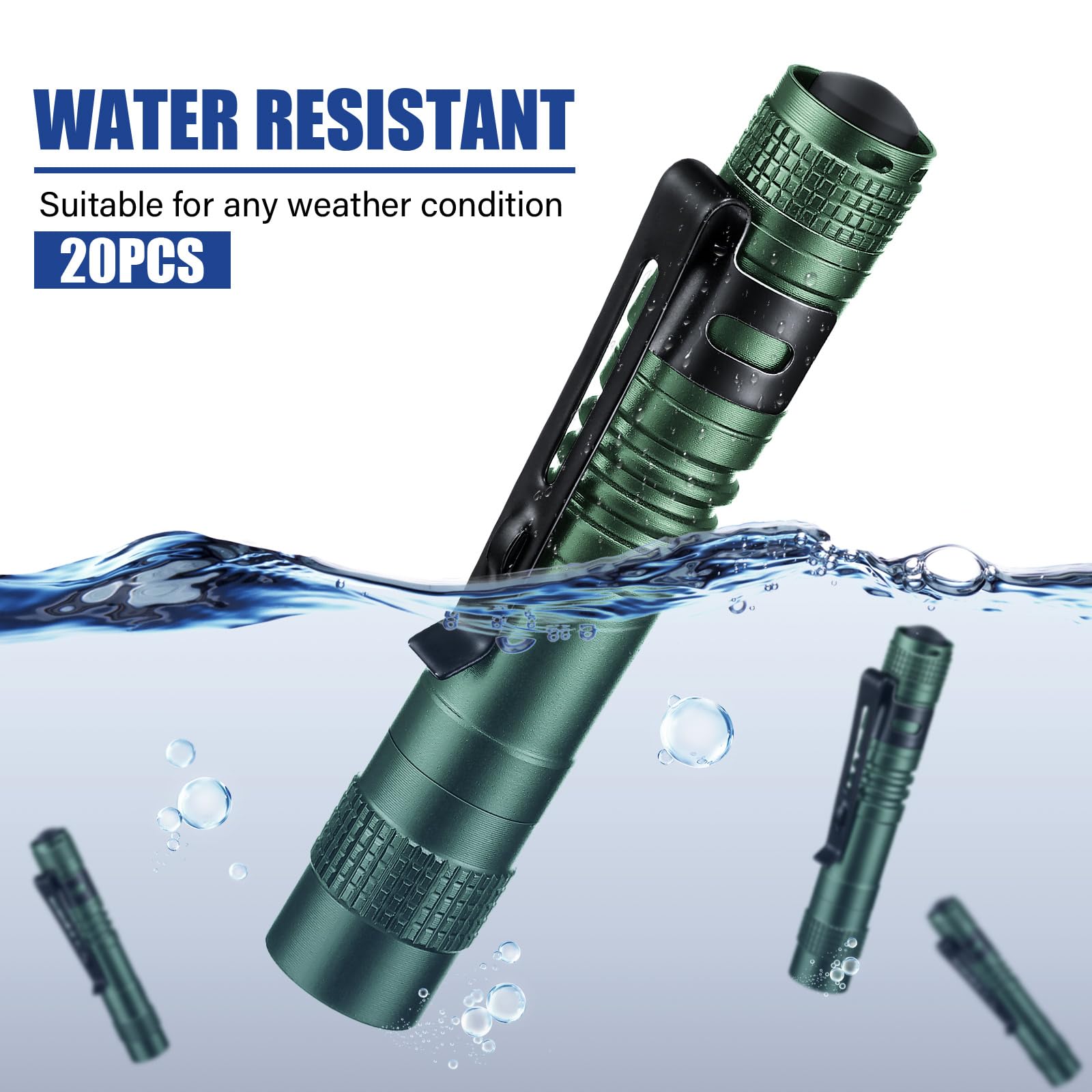 Hortsun Mini Pen Light Flashlight, Green, 3.54 Inch, Aluminum, Pocket Size, LED, Clip-On Design, 20 Pcs Gift Set