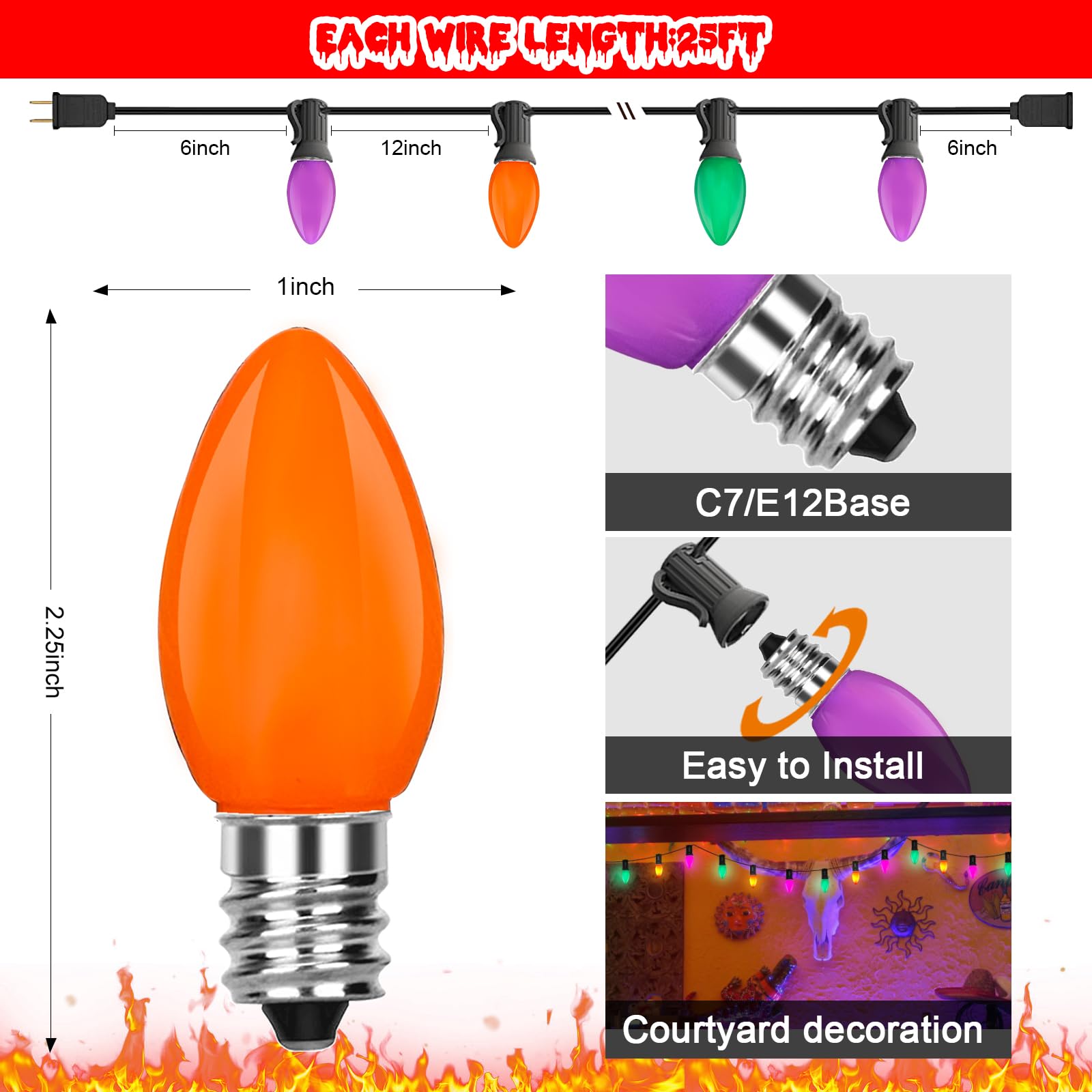 C7 Led Multicolor Christmas Lights, 25Ft With 27 Orange Green Purple Bulbs, Hanging Vintage Outdoor Christmas Decorations For Ro