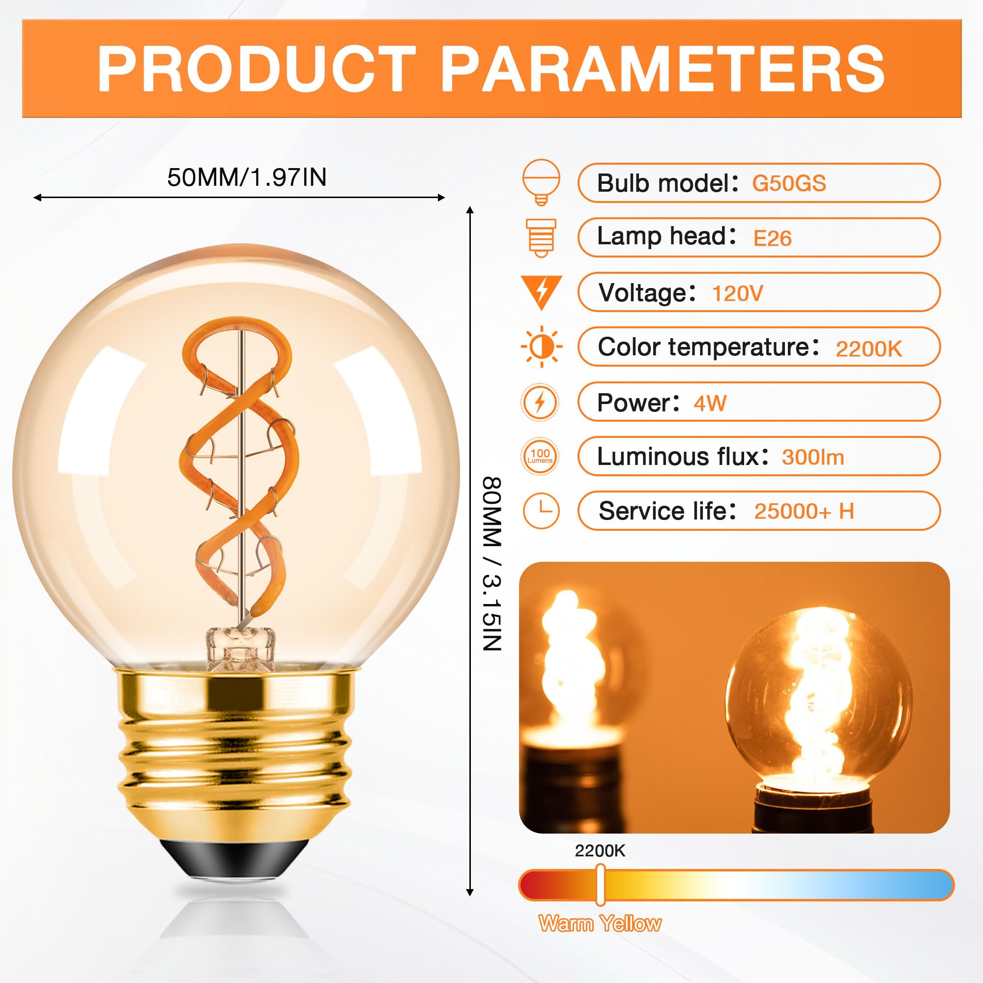 ToBeGreat G16.5 Dimmable LED Bulbs, 40W Equivalent, Warm White, E26, G50 Globe Light, 300lm, 3 Pack