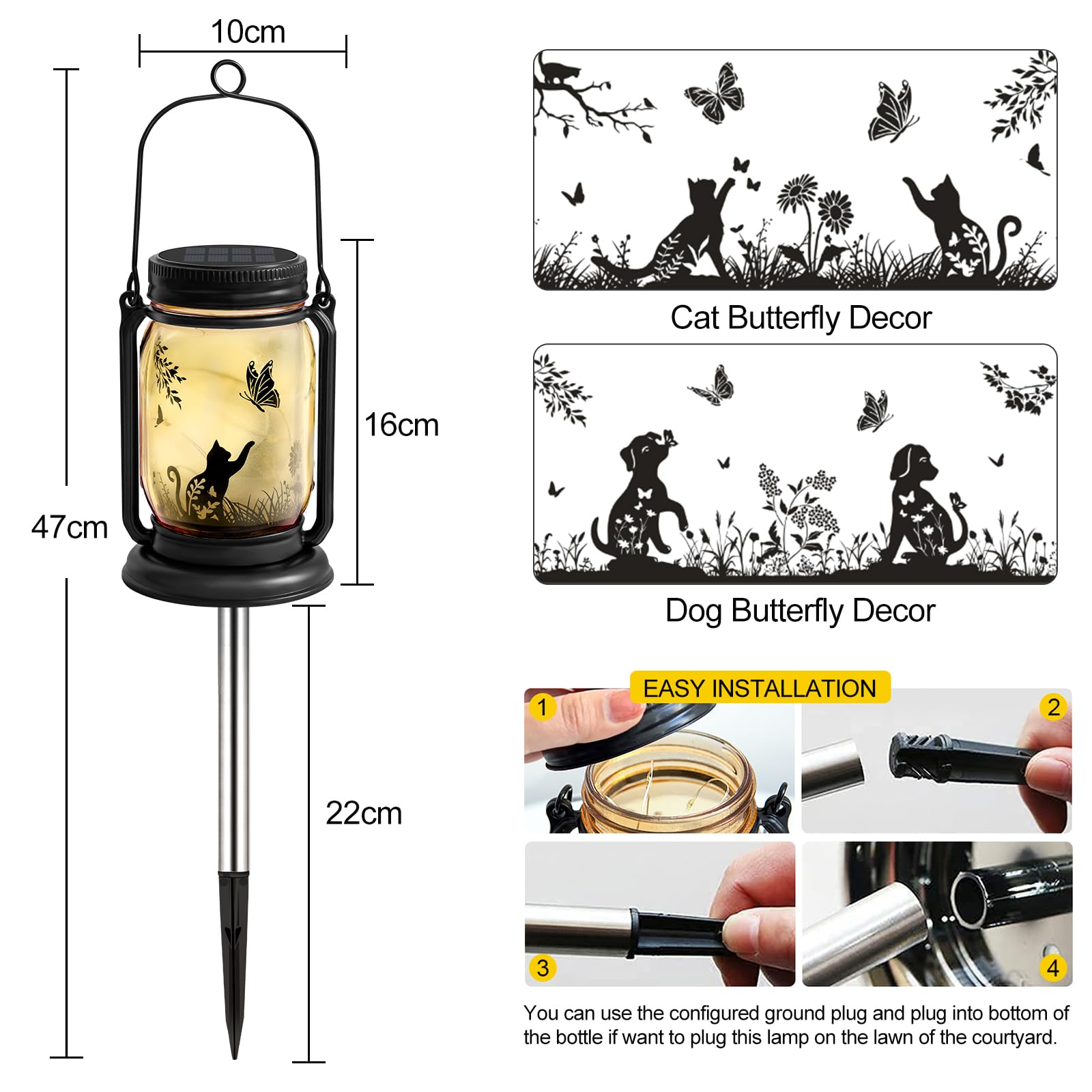 YJFWAL 4 Pack Solar Lanterns, Vintage Glass Mason Jar, Warm White, Dog & Cat Butterfly Theme, Waterproof Garden Lights