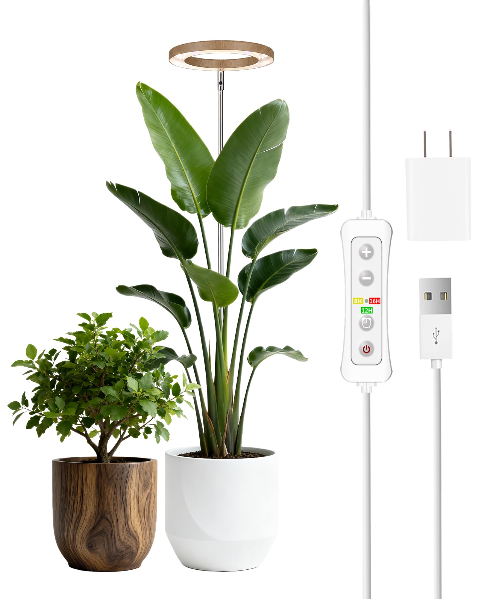 yadoker Plant Grow Light LED Growing Light Full Spectrum for Indoor Plants Aluminum Coffee Wood Grain Plant Lights Height Adjustable  Automatic Timer  5V Low Safe Voltage