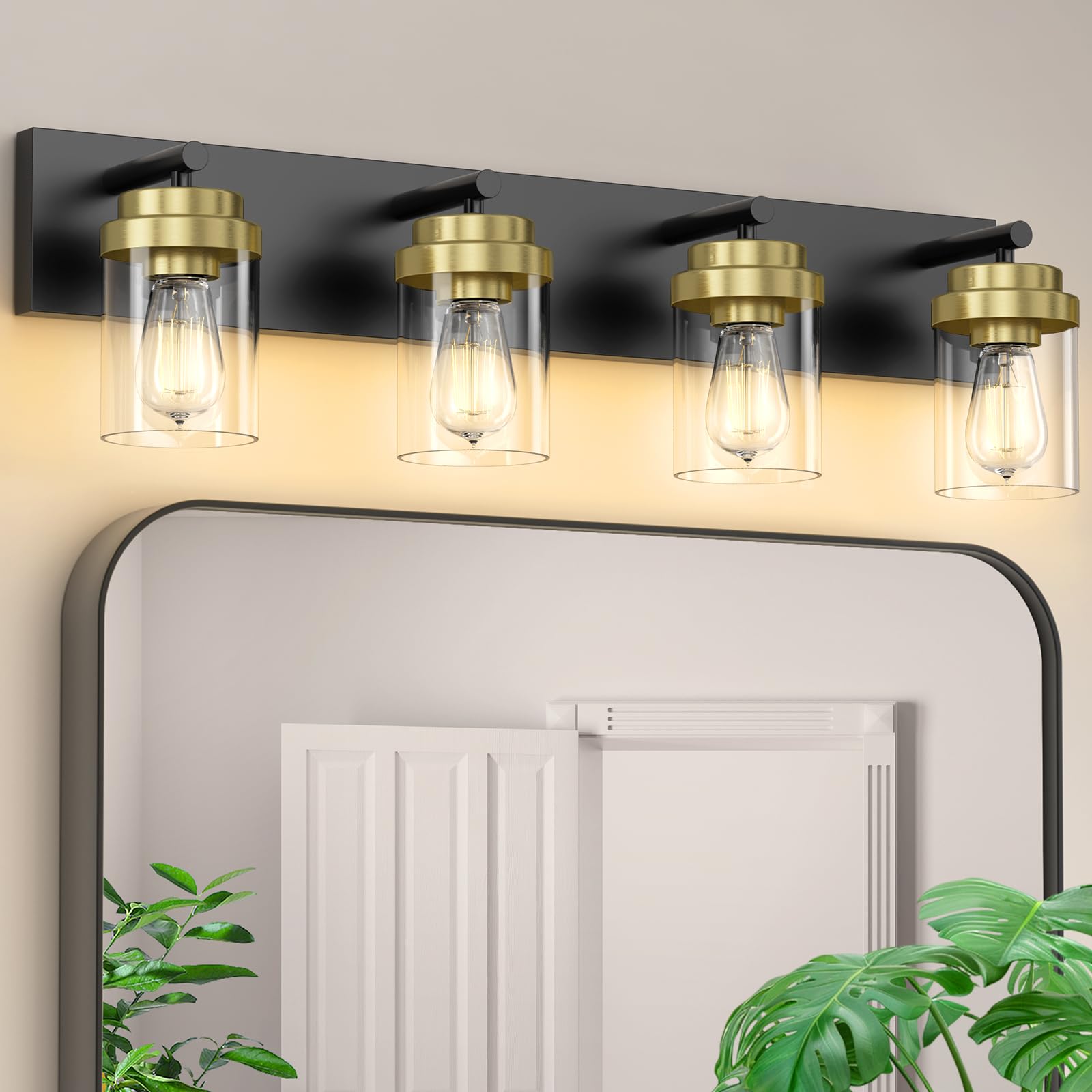 Izorro Bathroom Vanity Light Fixture  4-Light 27.5 Inch Black And Gold Bathroom Light Fixtures Over Mirror  With Clear Glass Shade  Modern Farmhouse Vanity Lights  Rustic Restroom Lighting Fixtures