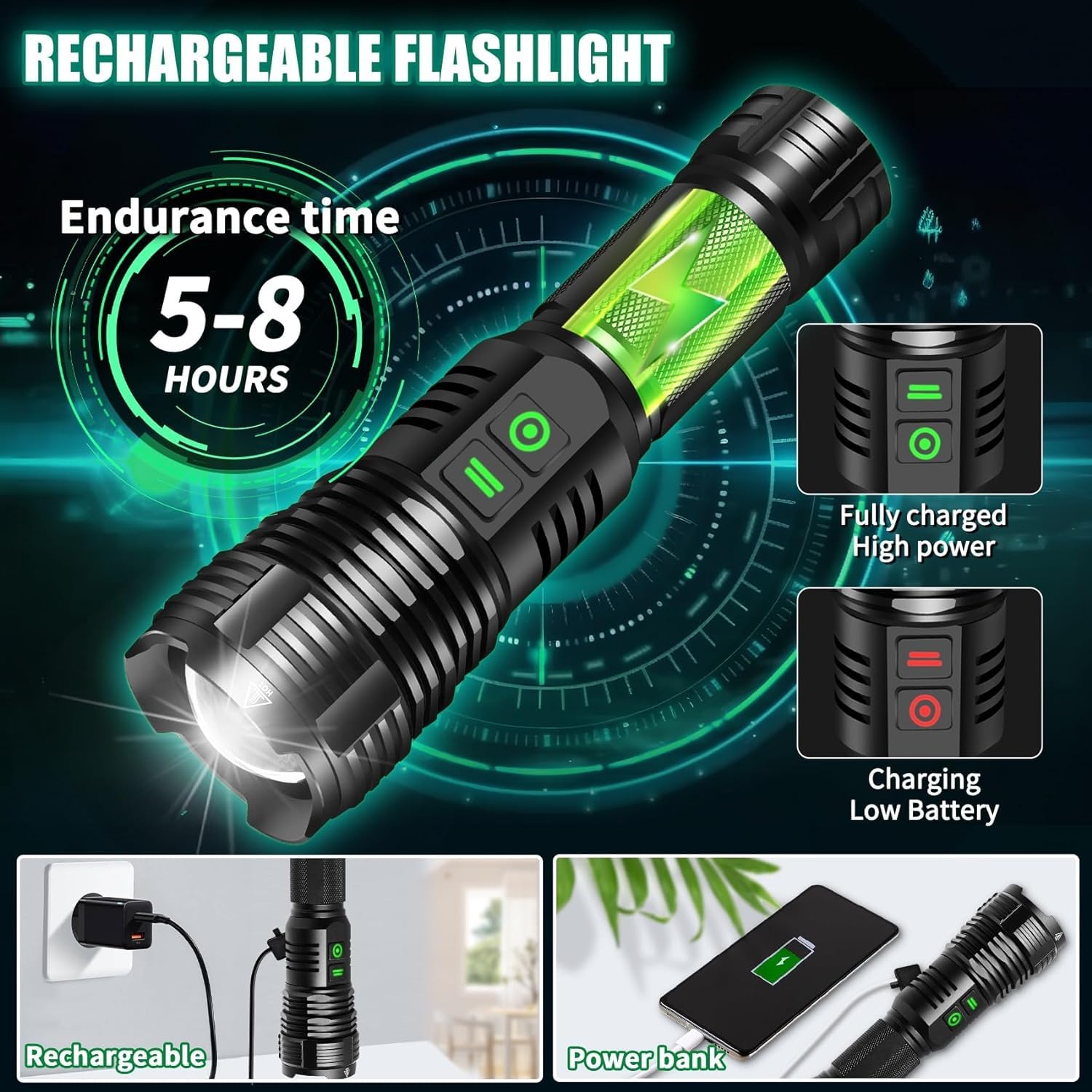 Northlet 2Pack Rechargeable Flashlights, 100000 High Lumens, 5 Modes, Waterproof, Model 2024, Medium Size, Black