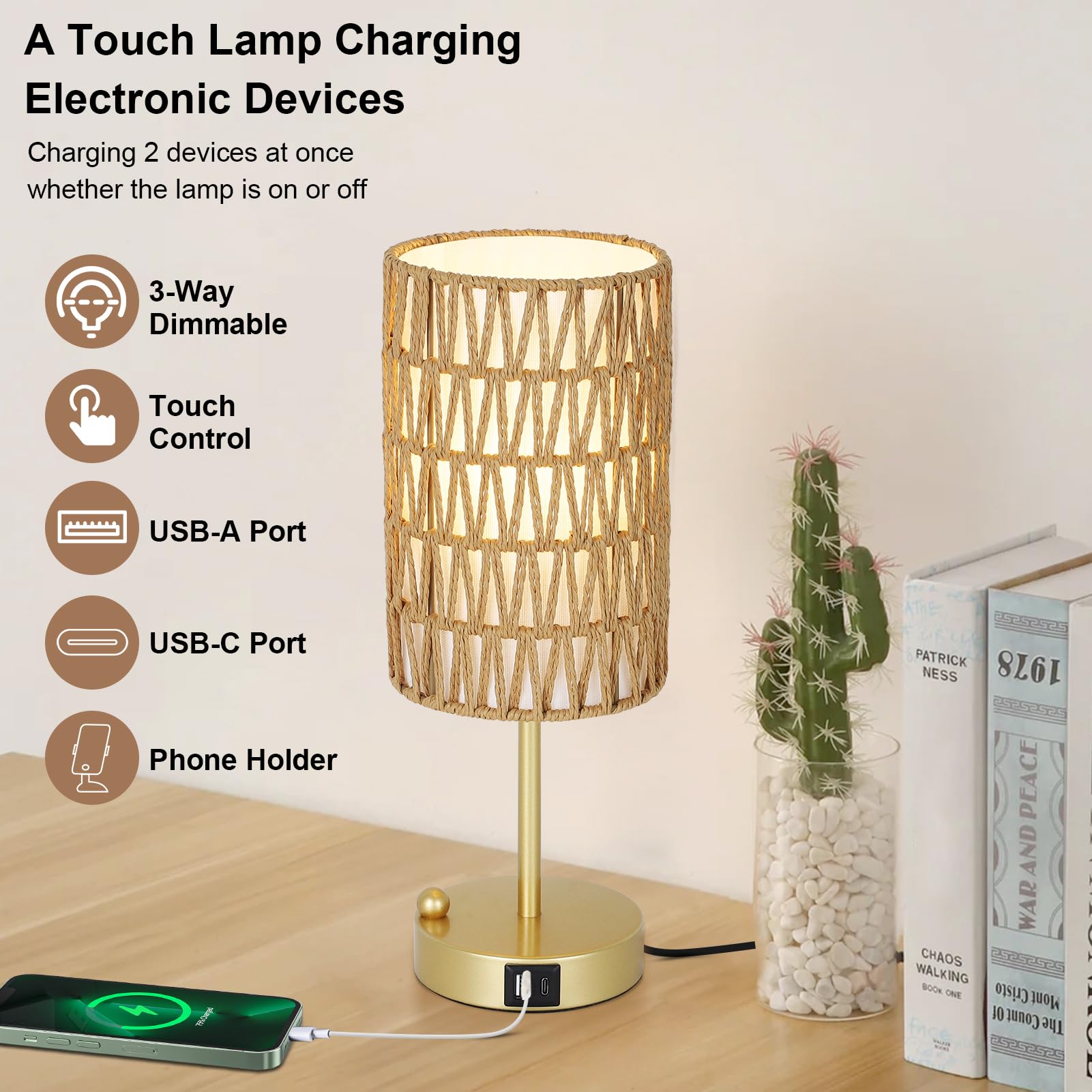 Eayaya Gold Bedside Lamps Set of 2, Touch Control, 3-Way Dimmable, Boho Rattan & Linen Shade, USB Charging Port, Phone Stand