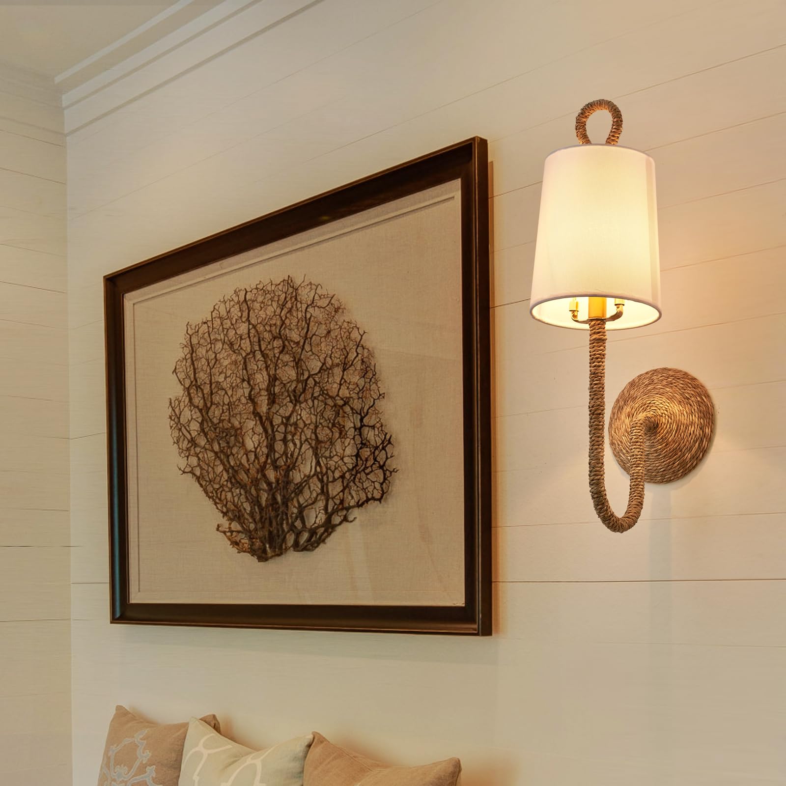 MhyTogn Rattan Wall Sconce Set of 2, Boho Wicker with Creamy-White Fabric Shade for Living Room, Stairway, Hallway