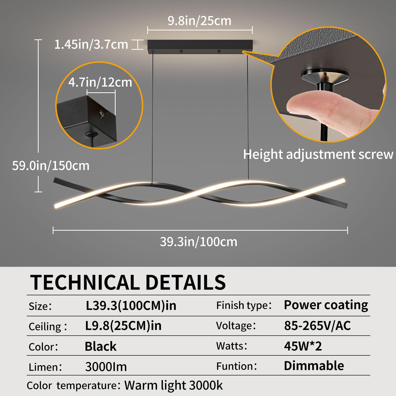 Matven Modern Dimmable LED Pendant Light, 39IN Black Acrylic Chandelier for Living Room, Dining Room, Kitchen, Bedroom, Bar