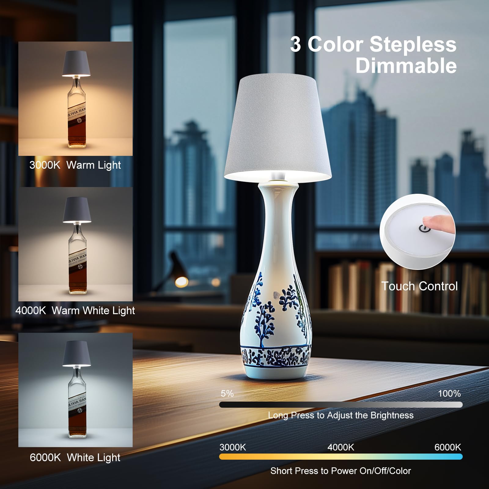 Soudfk Wireless Bottle Lamp, 2025 New 3 Color Rechargeable Wine Bottle Lights For Bars Restaurants (Sapphire Blue, 1Pc)