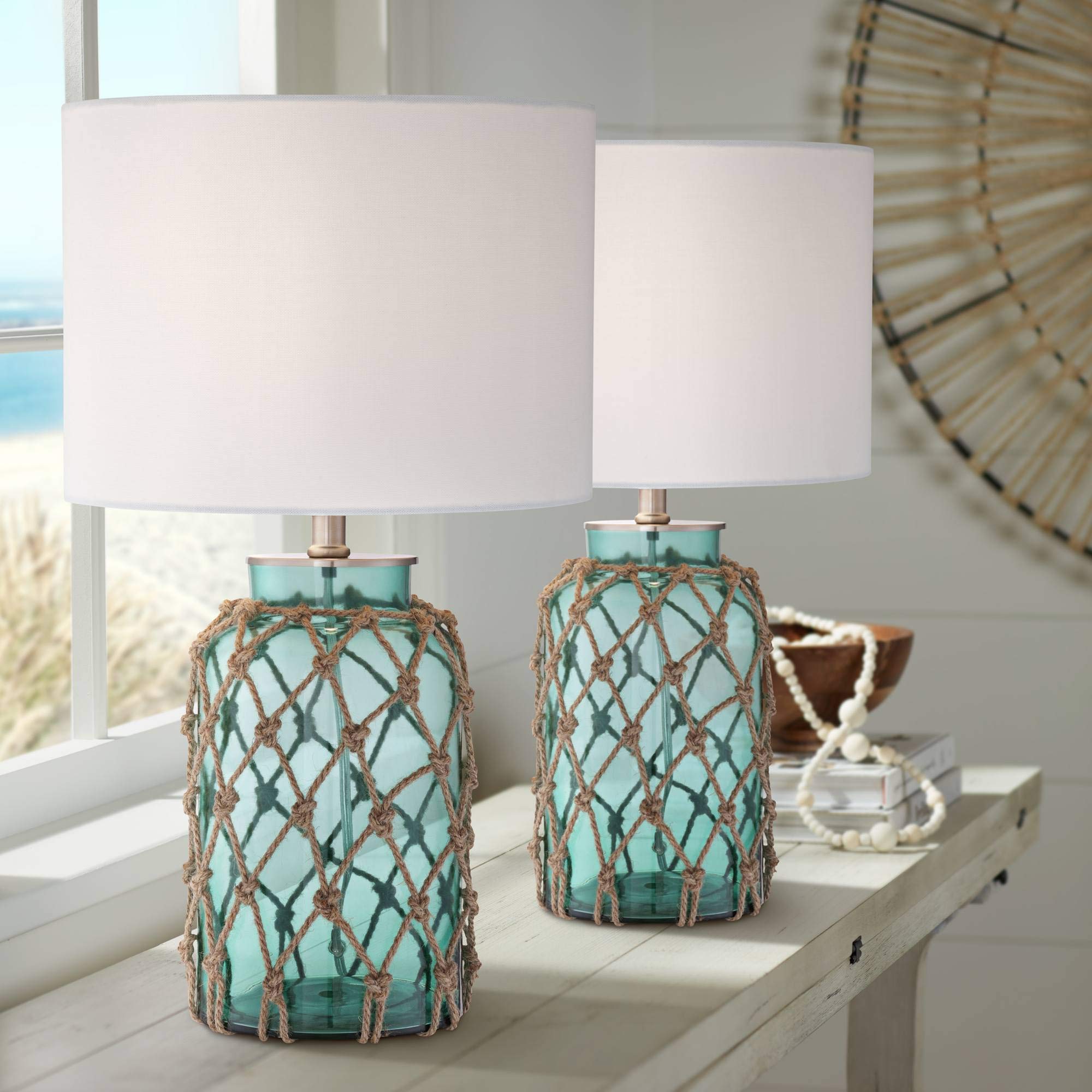 360 Lighting Crosby Cottage Accent Table Lamps 22.5 High Set Of 2 Natural Coastal Blue Green Rope Net Off White Drum Shade Decor