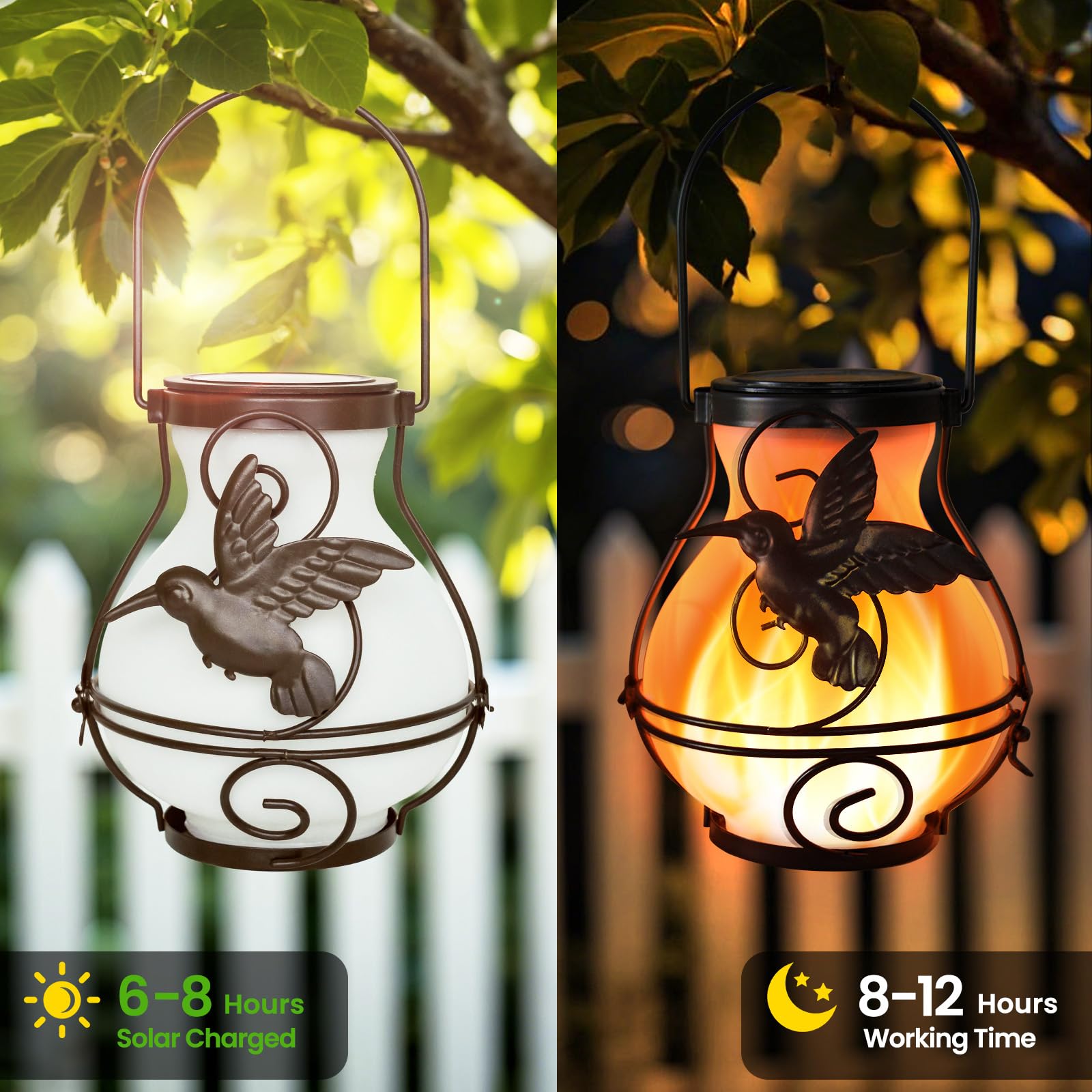X-PREK 2 Pack Solar Lanterns - Waterproof Flickering Flame Lights, Brown Metal, Hanging Design for Patio Garden Decoration